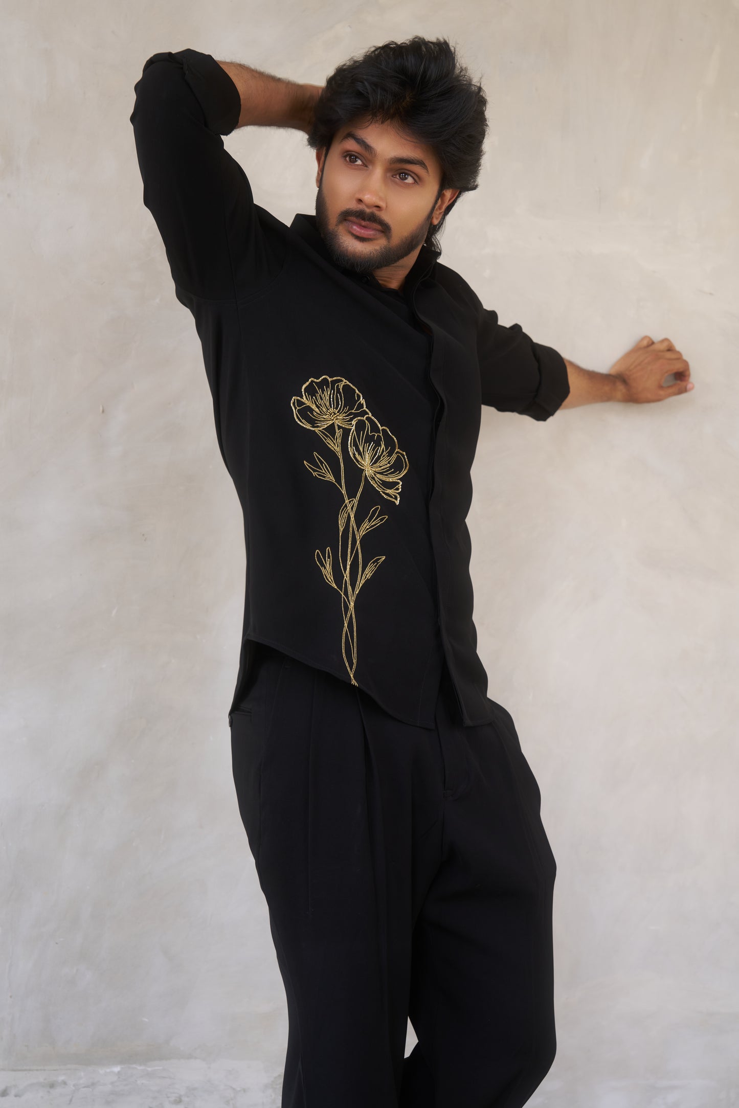 Black shirt with gold floral emrboidery design