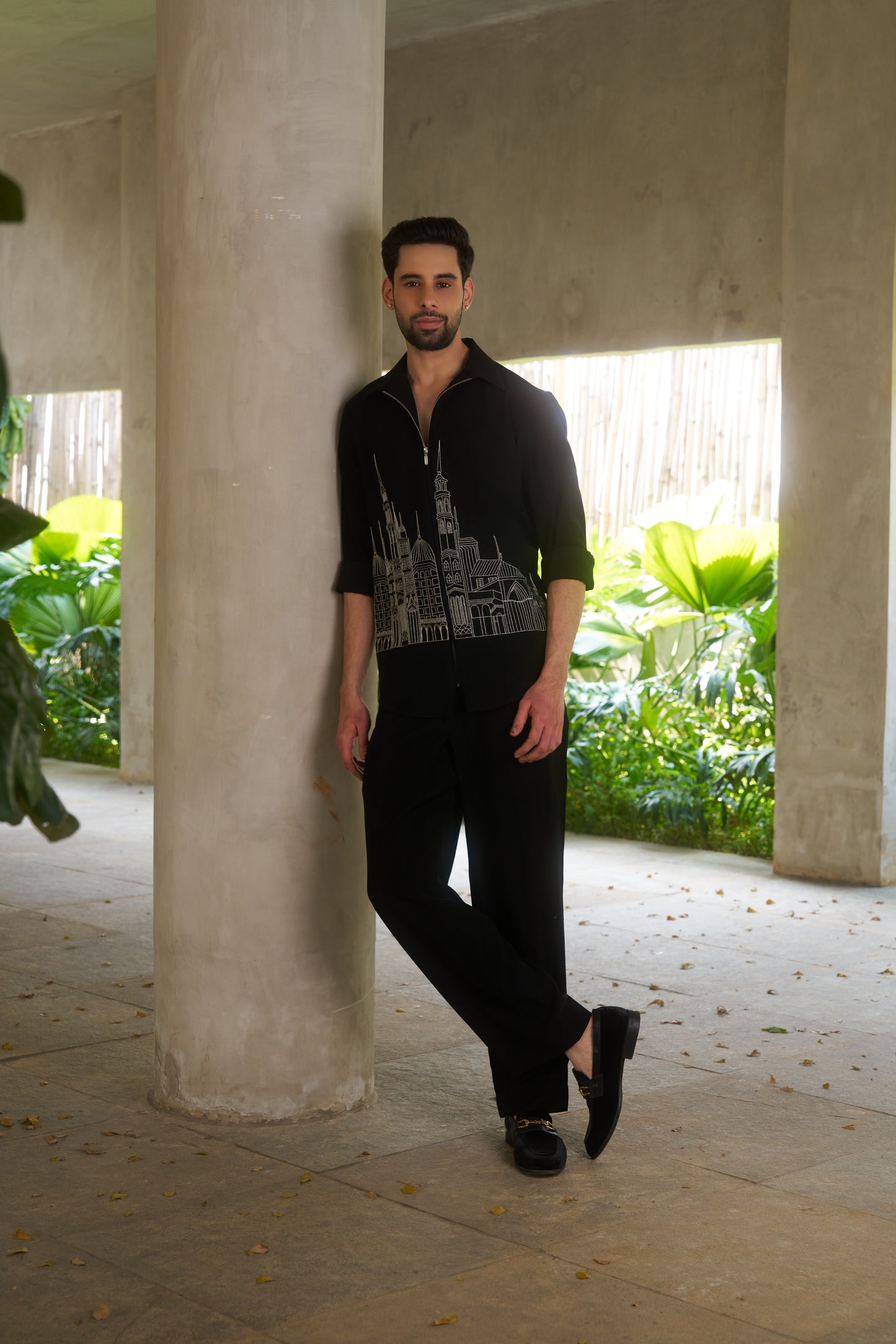 Black shacket with silver colour cityscape design
