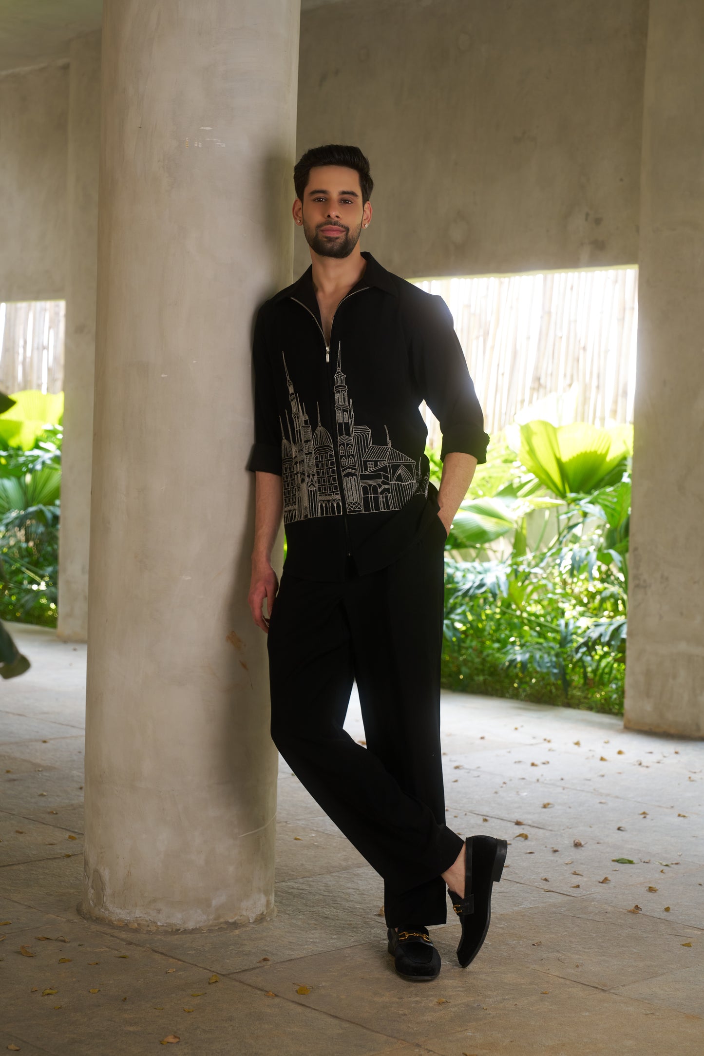 Black shacket with silver colour cityscape design