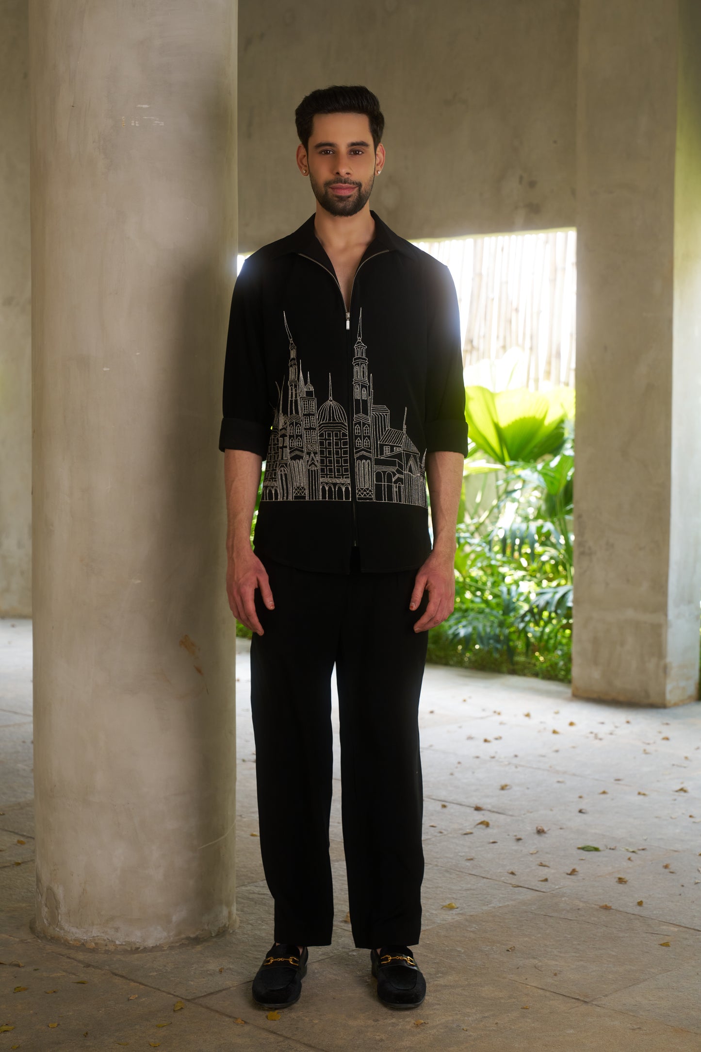 Black shacket with silver colour cityscape design