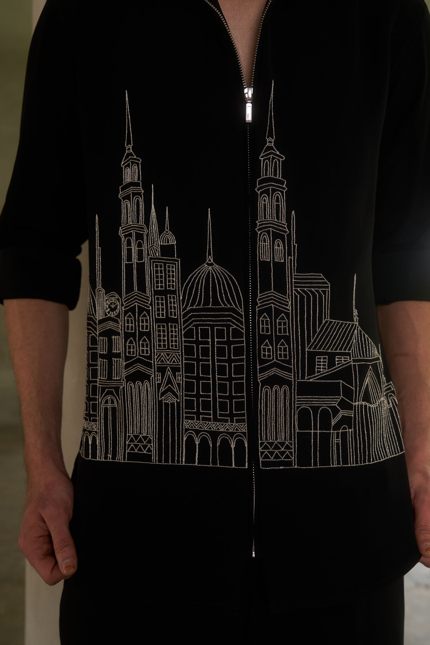 Black shacket with silver colour cityscape design