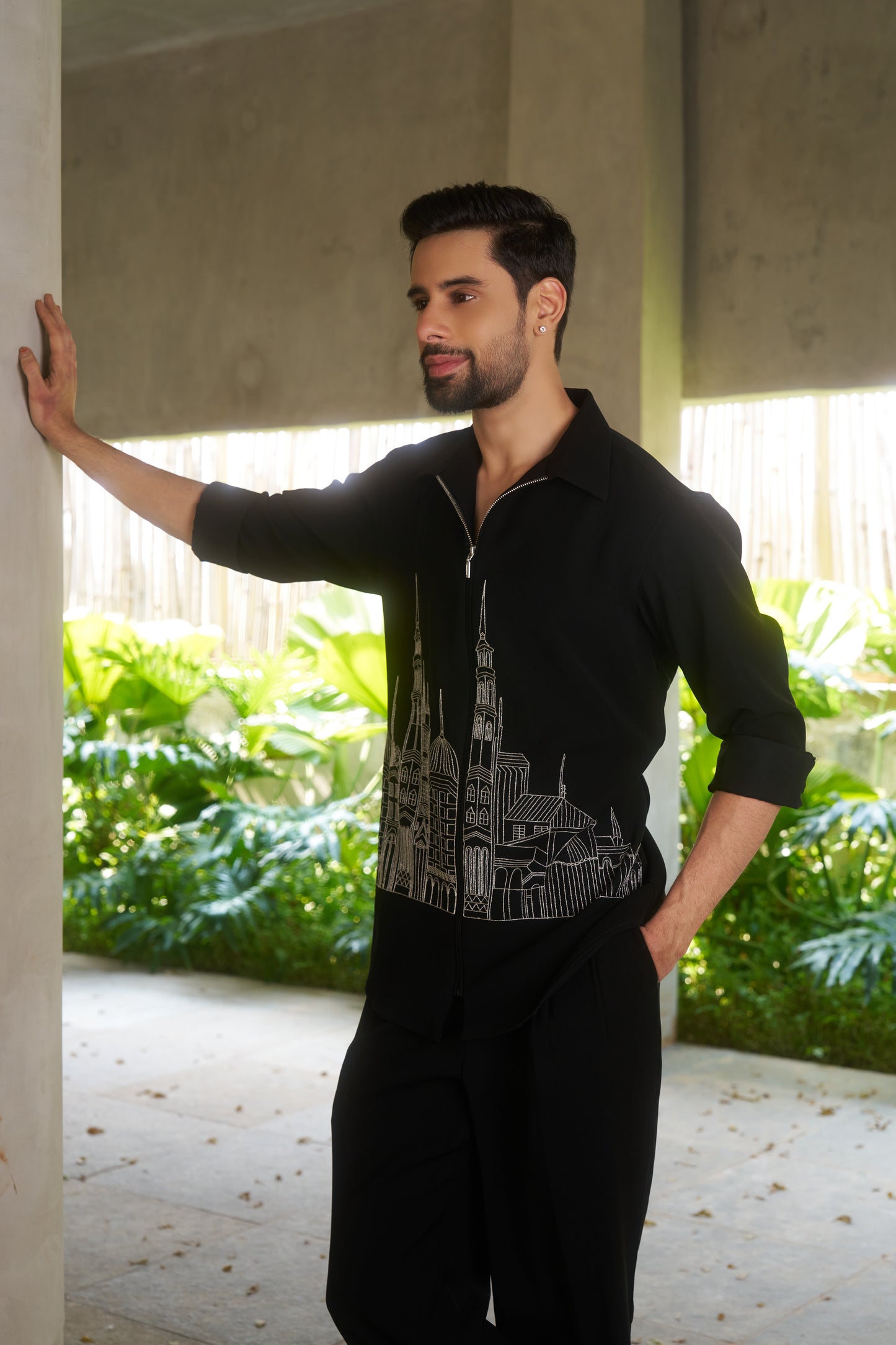 Black shacket with silver colour cityscape design