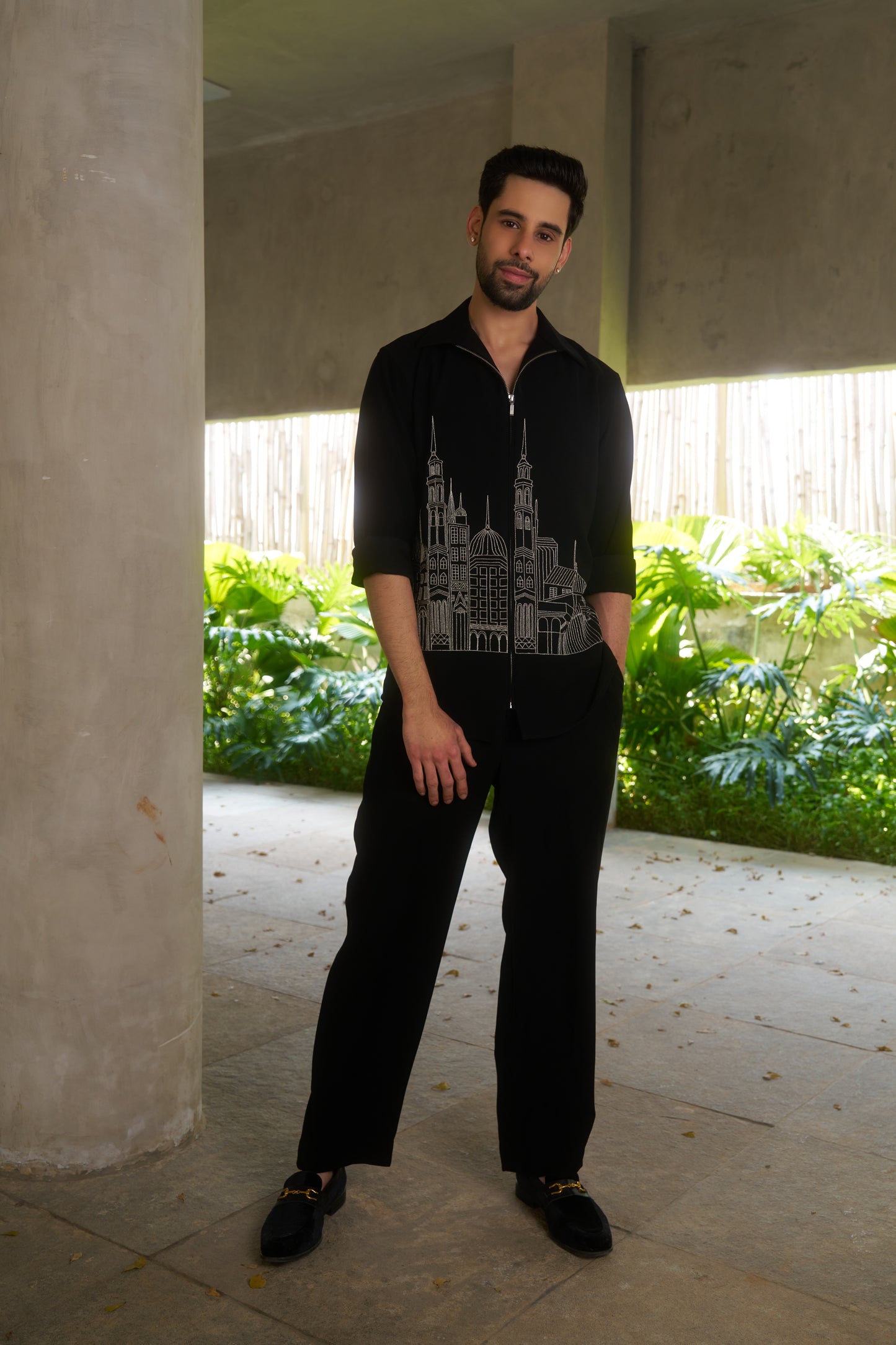 Black shacket with silver colour cityscape design