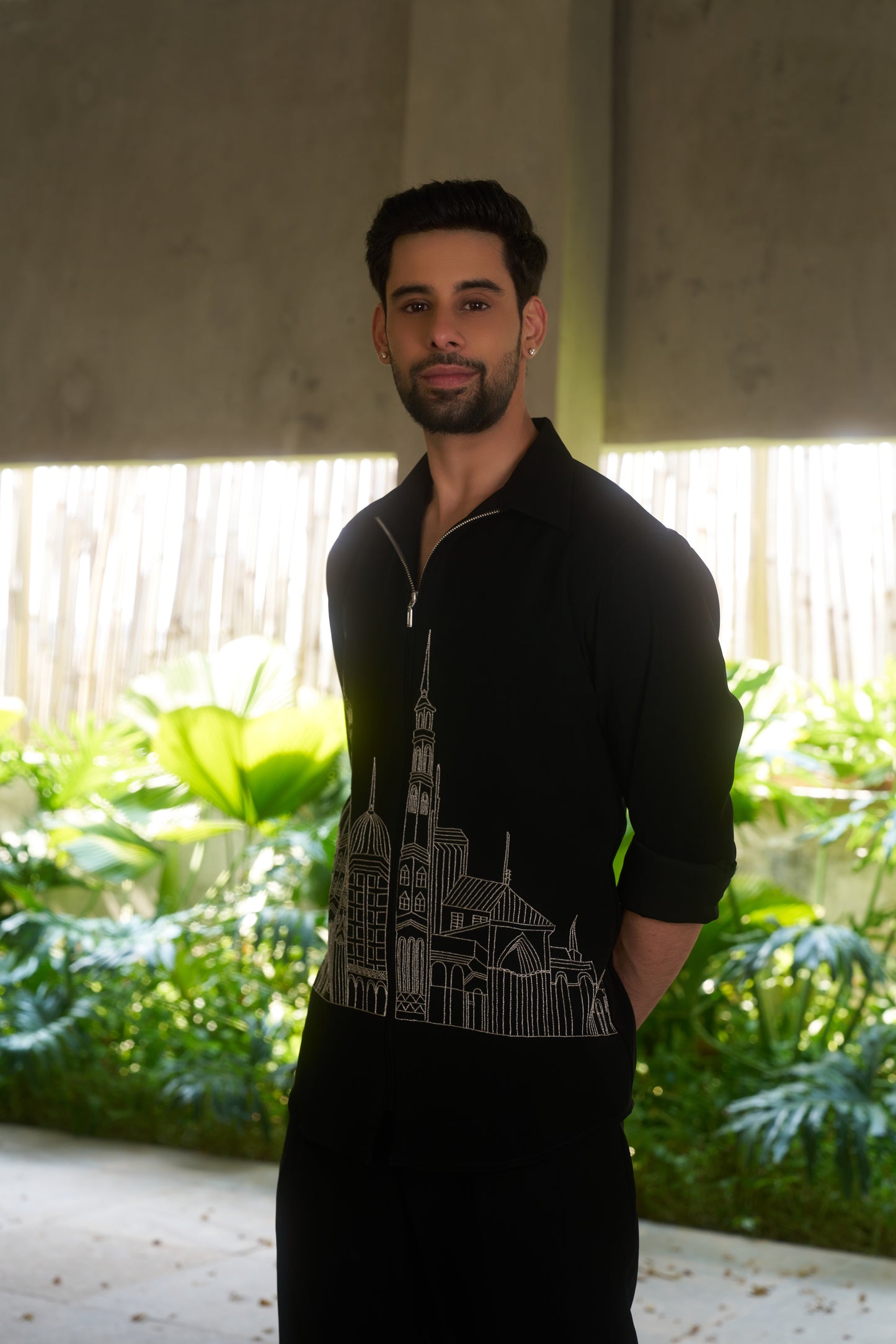 Black shacket with silver colour cityscape design