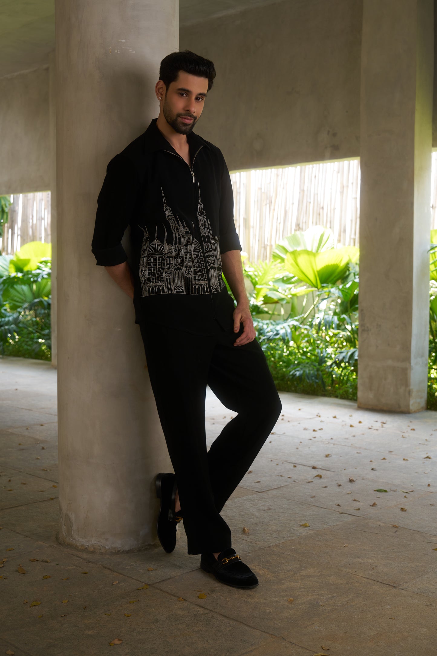 Black shacket with silver colour cityscape design