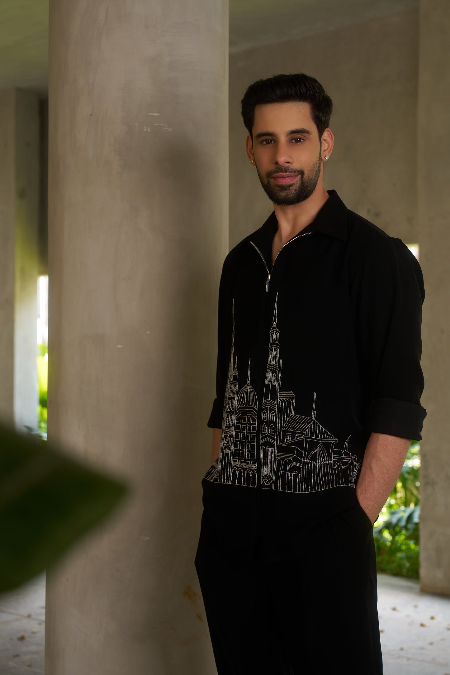 Black shacket with silver colour cityscape design