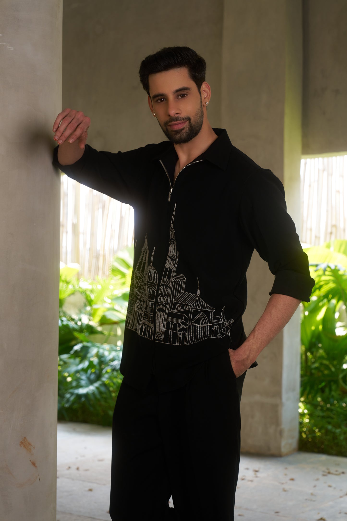 Black shacket with silver colour cityscape design