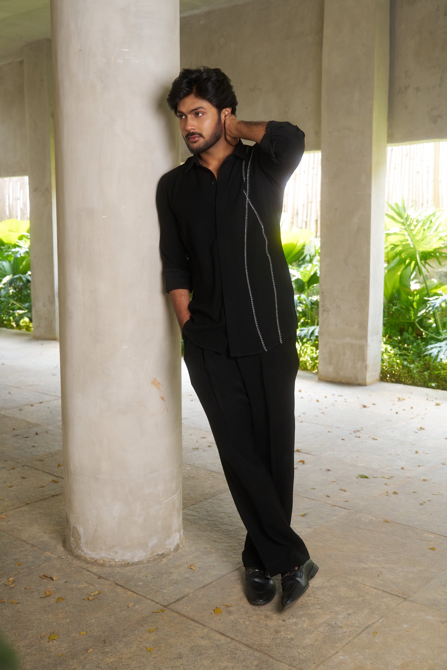 Black shirt with dual silver wavy lines embroidery design