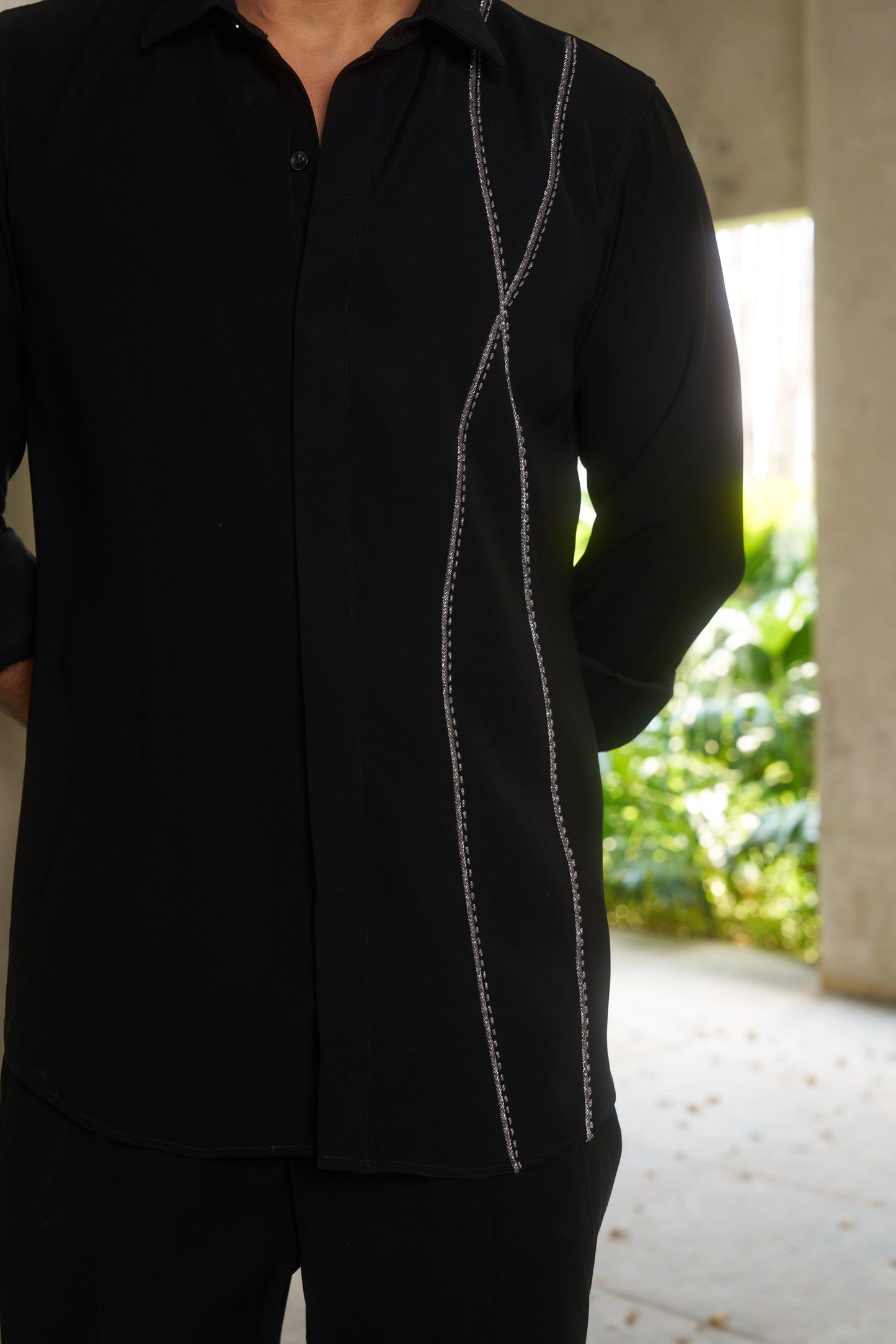Black shirt with dual silver wavy lines embroidery design