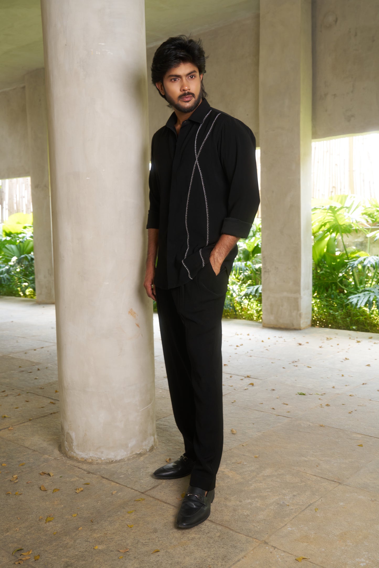 Black shirt with dual silver wavy lines embroidery design