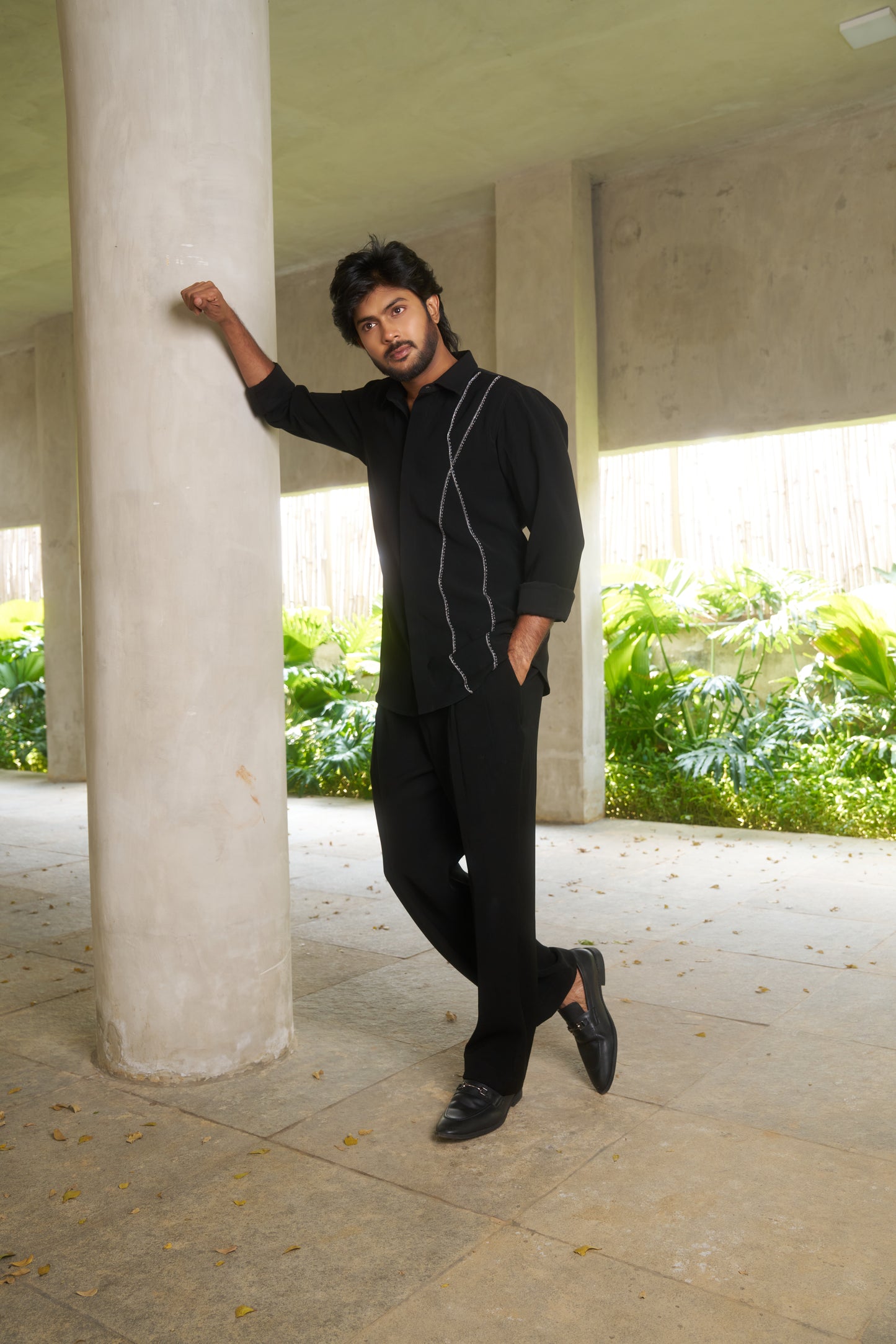 Black shirt with dual silver wavy lines embroidery design