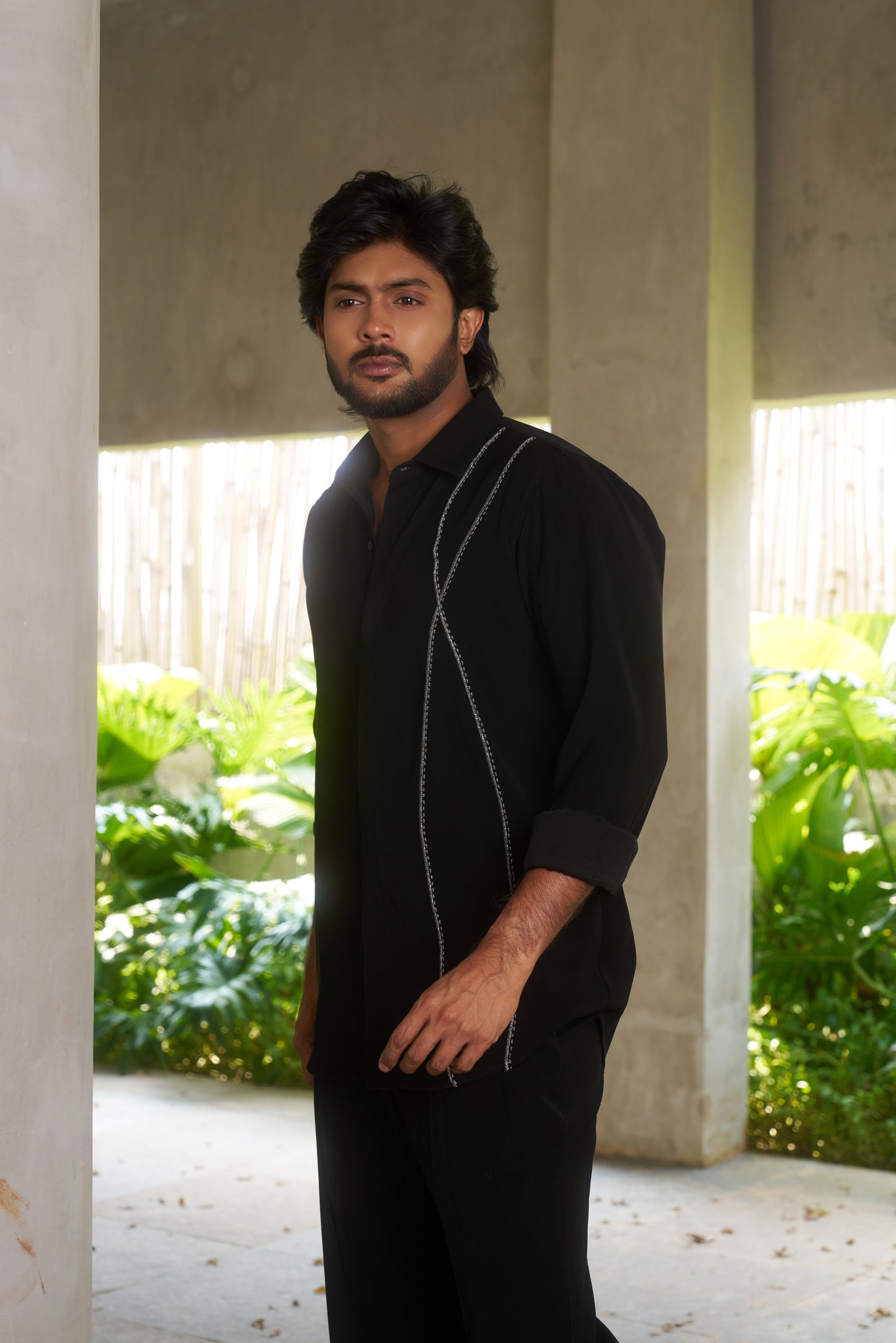 Black shirt with dual silver wavy lines embroidery design