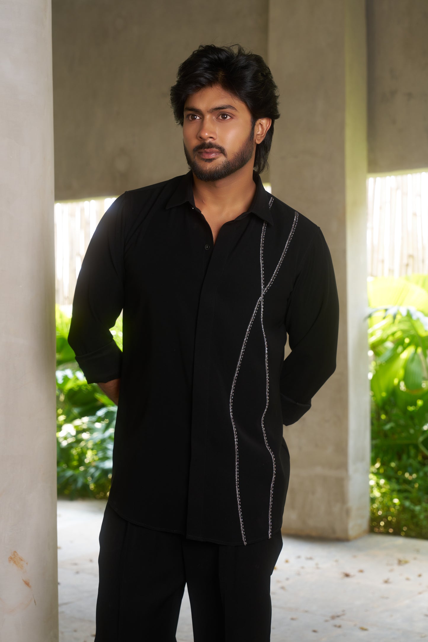 Black shirt with dual silver wavy lines embroidery design
