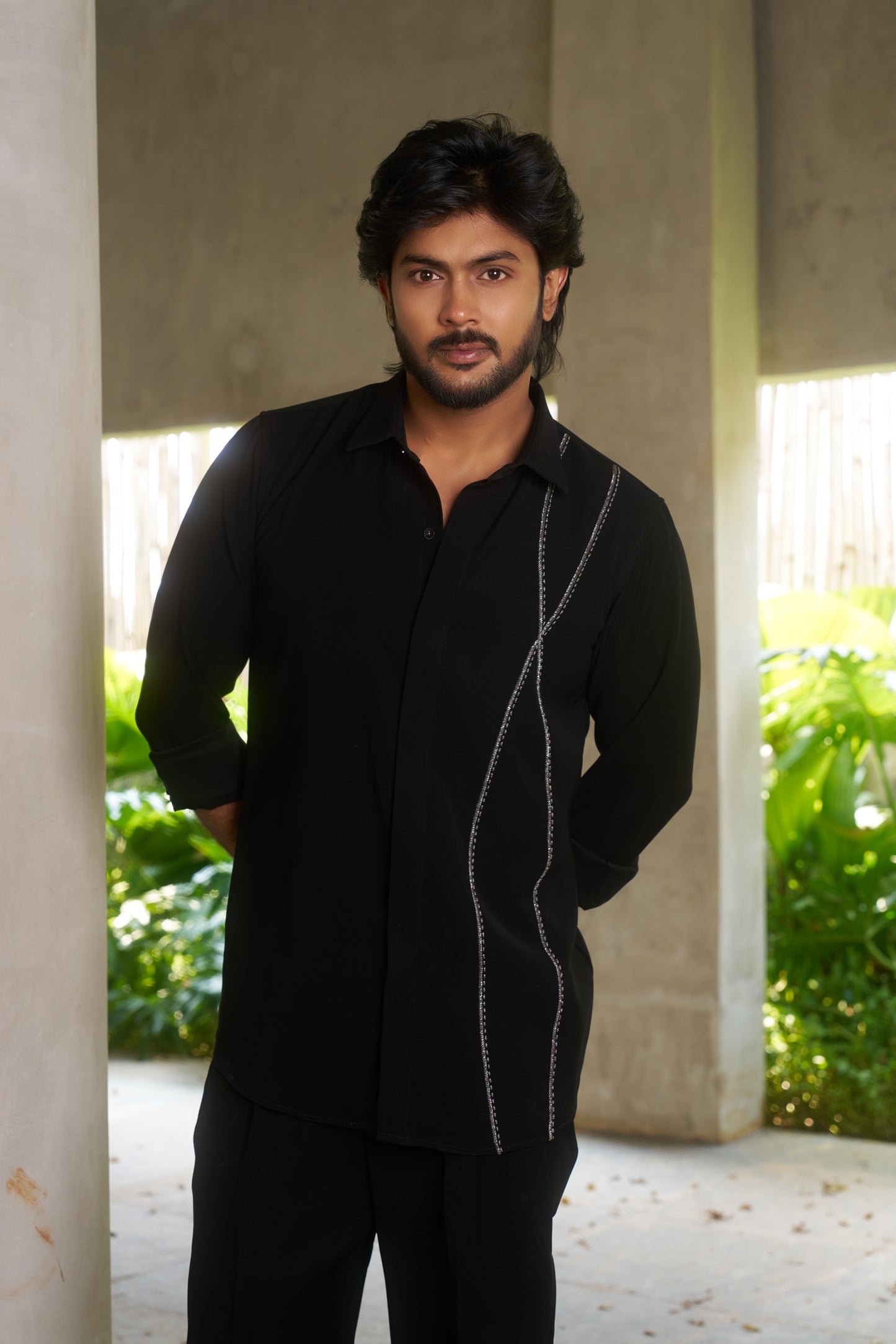 Black shirt with dual silver wavy lines embroidery design
