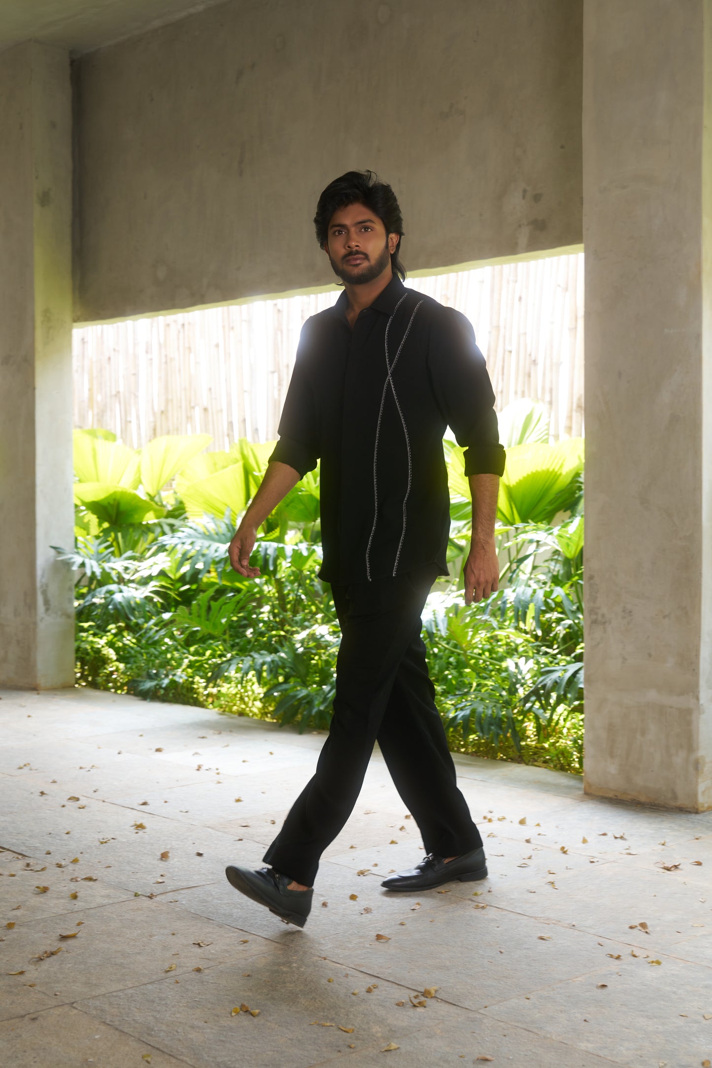 Black shirt with dual silver wavy lines embroidery design