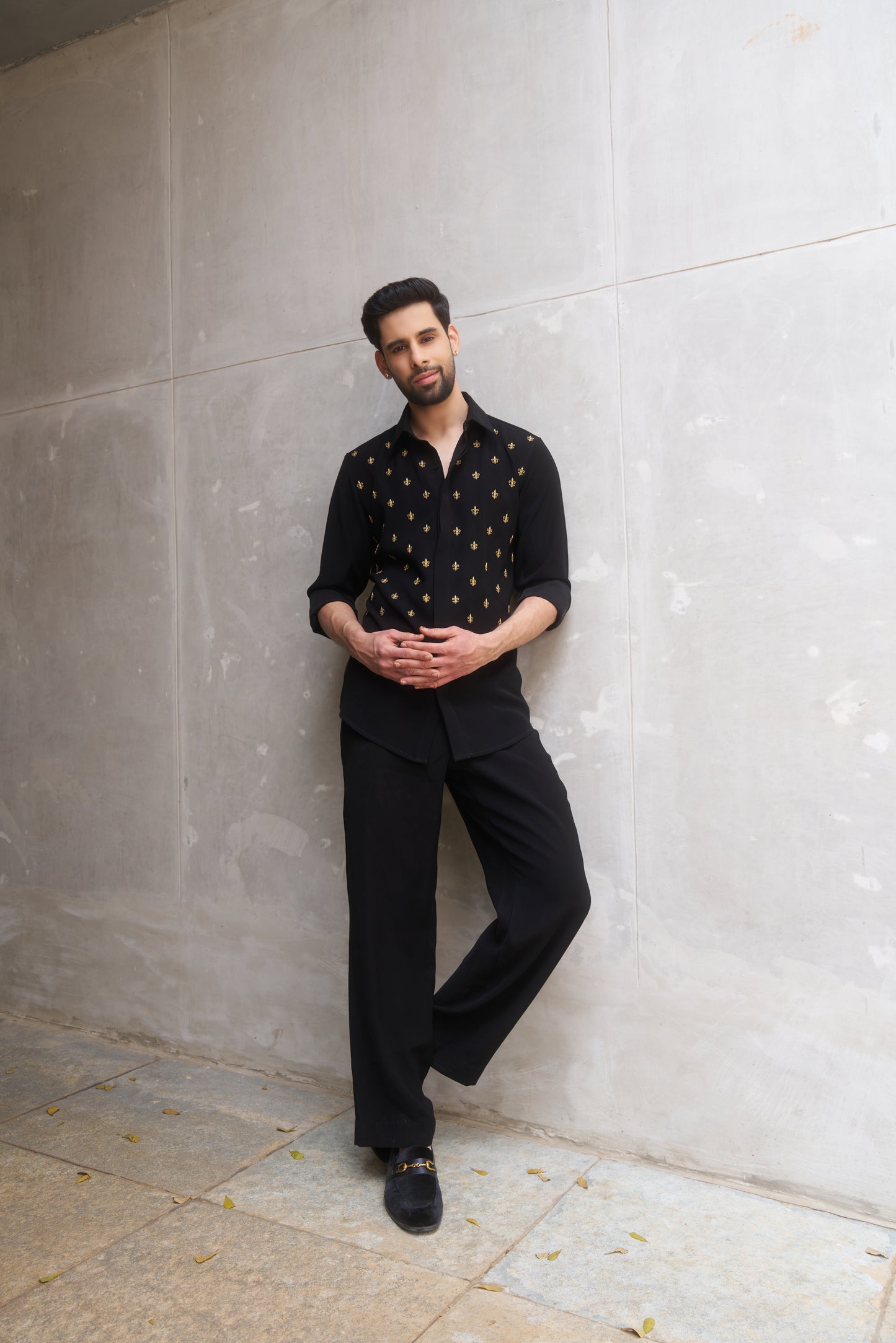 Black shirt with gold fleur-de-lis design- Flower of the lilly pattern