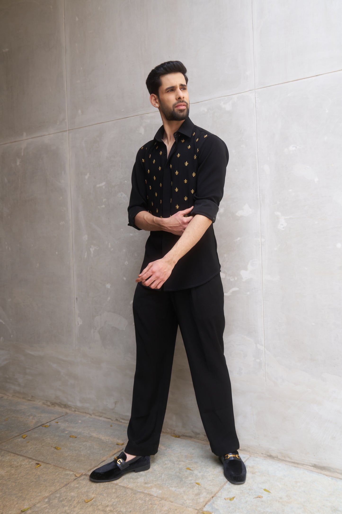 Black shirt with gold fleur-de-lis design- Flower of the lilly pattern