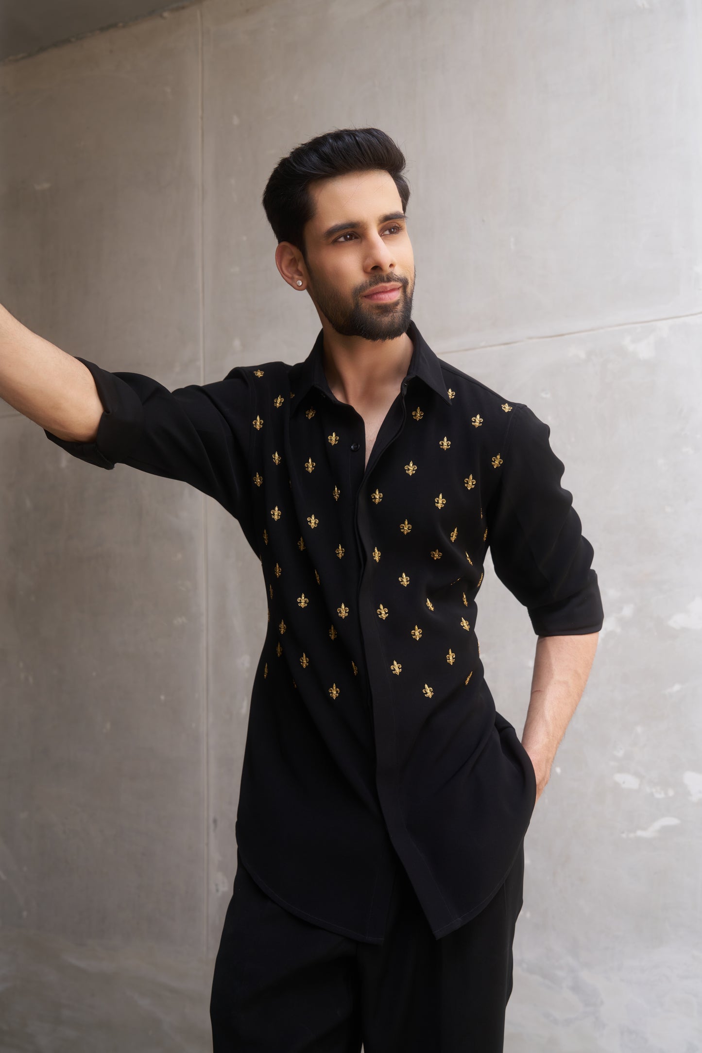 Black shirt with gold fleur-de-lis design- Flower of the lilly pattern
