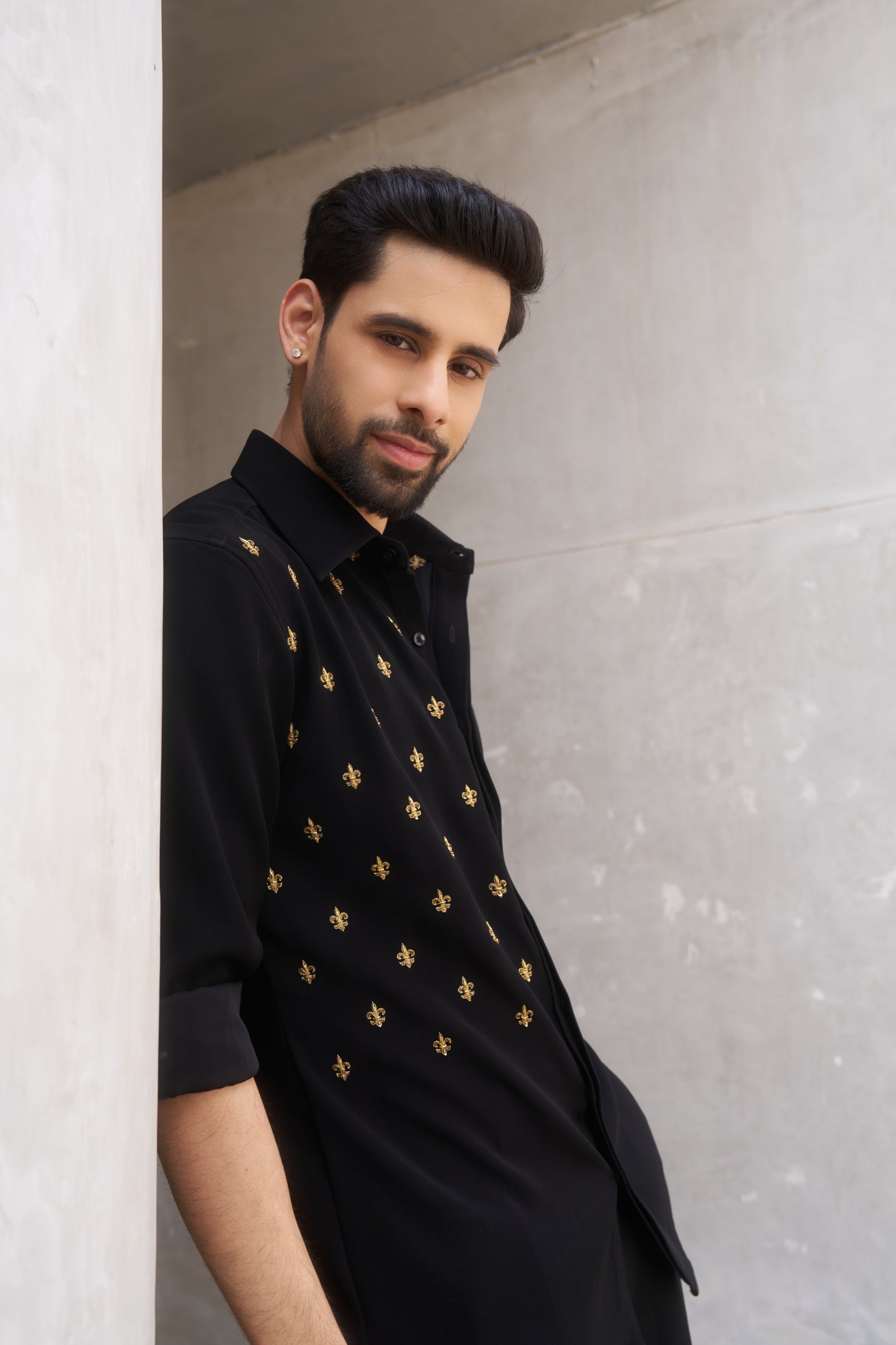 Black shirt with gold fleur-de-lis design- Flower of the lilly pattern