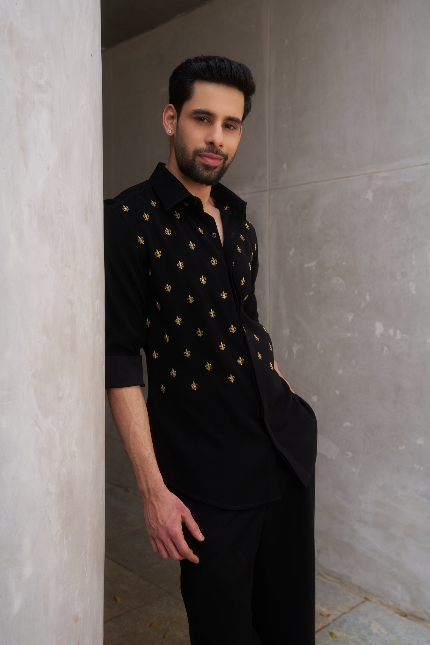 Black shirt with gold fleur-de-lis design- Flower of the lilly pattern