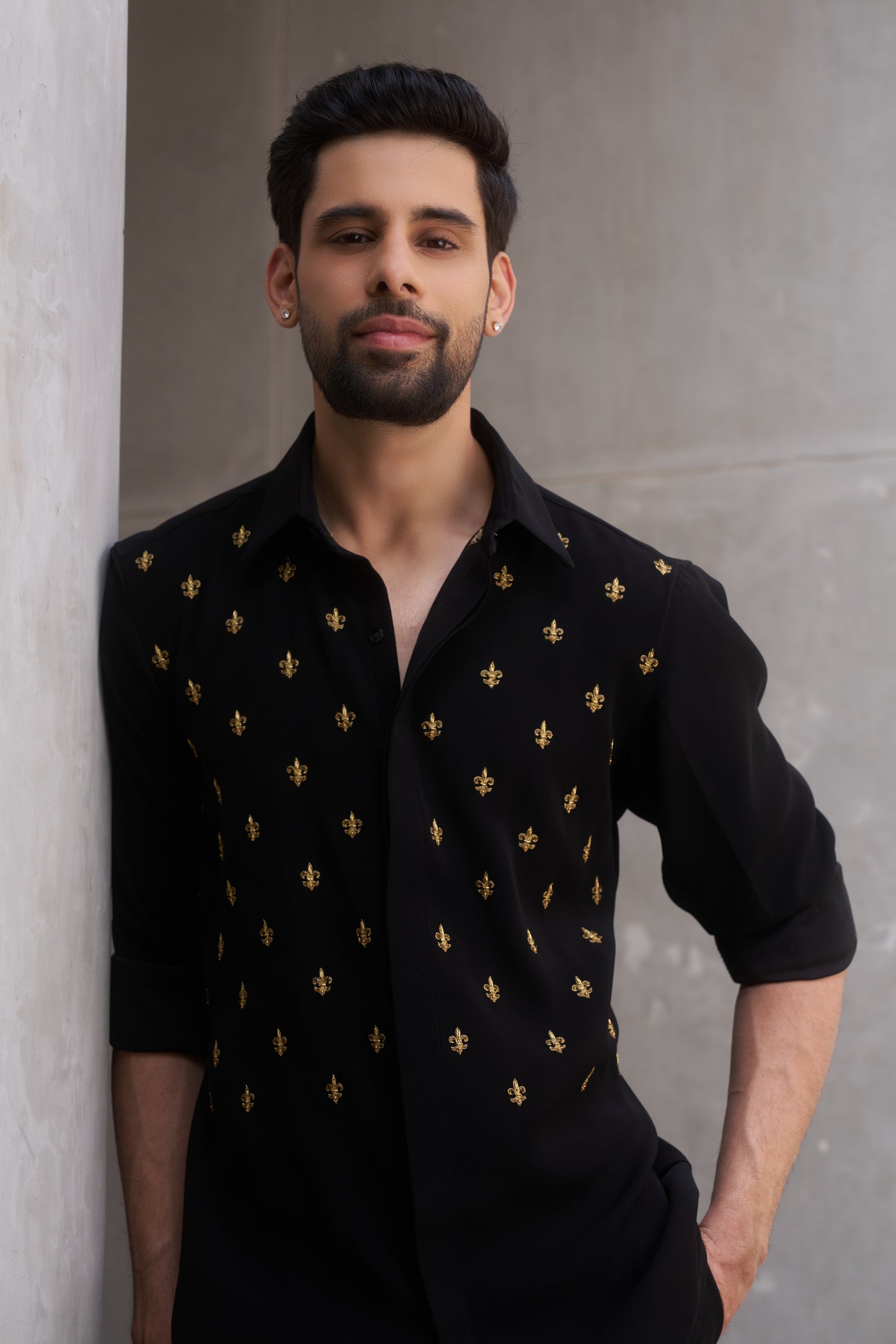 Black shirt with gold fleur-de-lis design- Flower of the lilly pattern