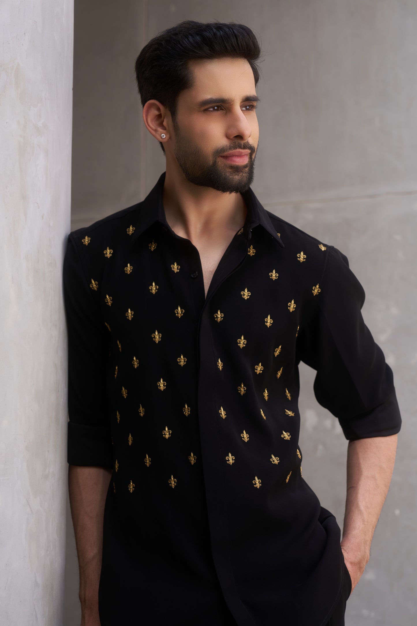 Black shirt with gold fleur-de-lis design- Flower of the lilly pattern