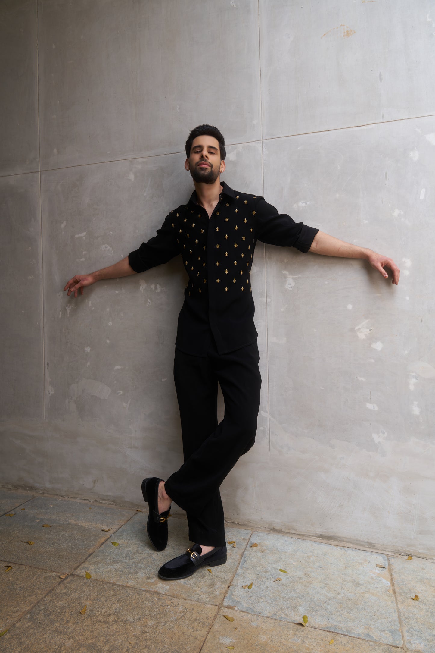 Black shirt with gold fleur-de-lis design- Flower of the lilly pattern
