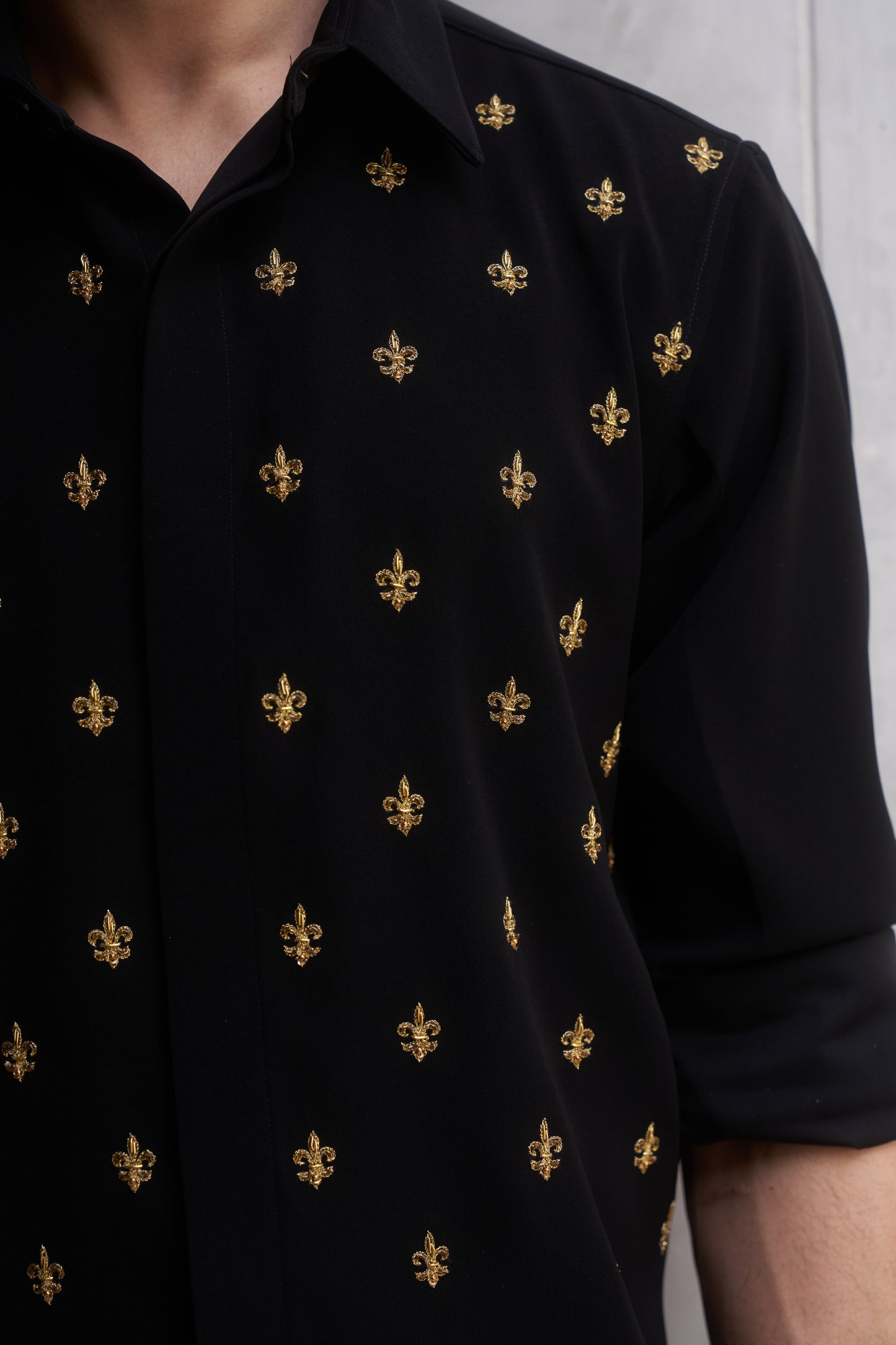 Black shirt with gold fleur-de-lis design- Flower of the lilly pattern