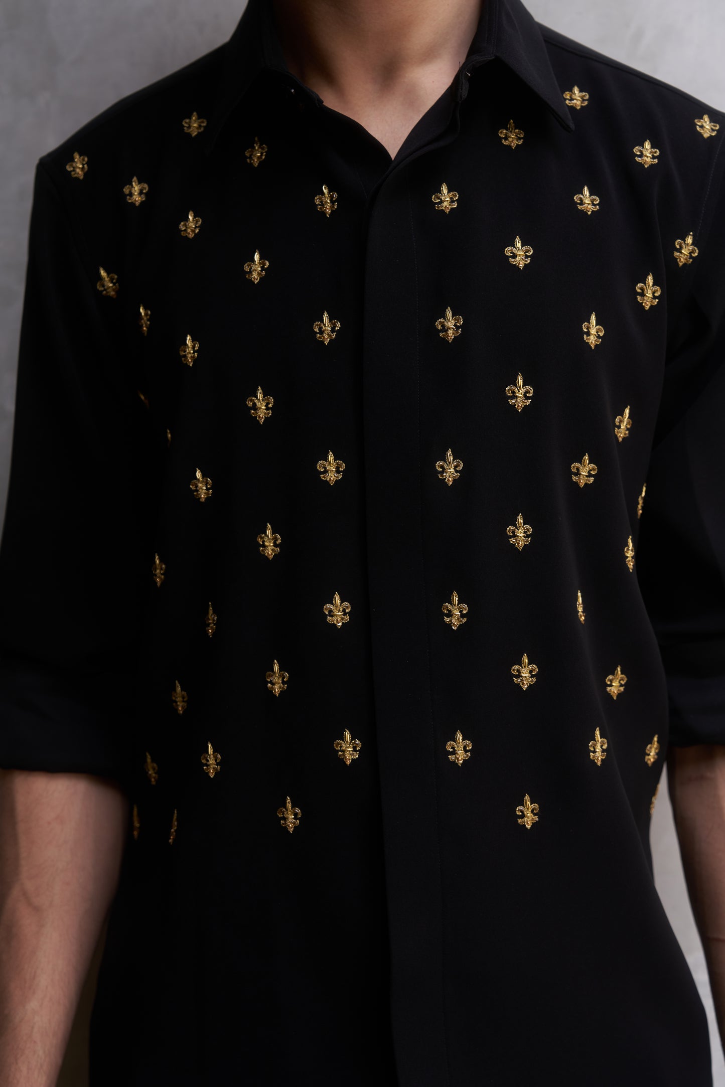 Black shirt with gold fleur-de-lis design- Flower of the lilly pattern