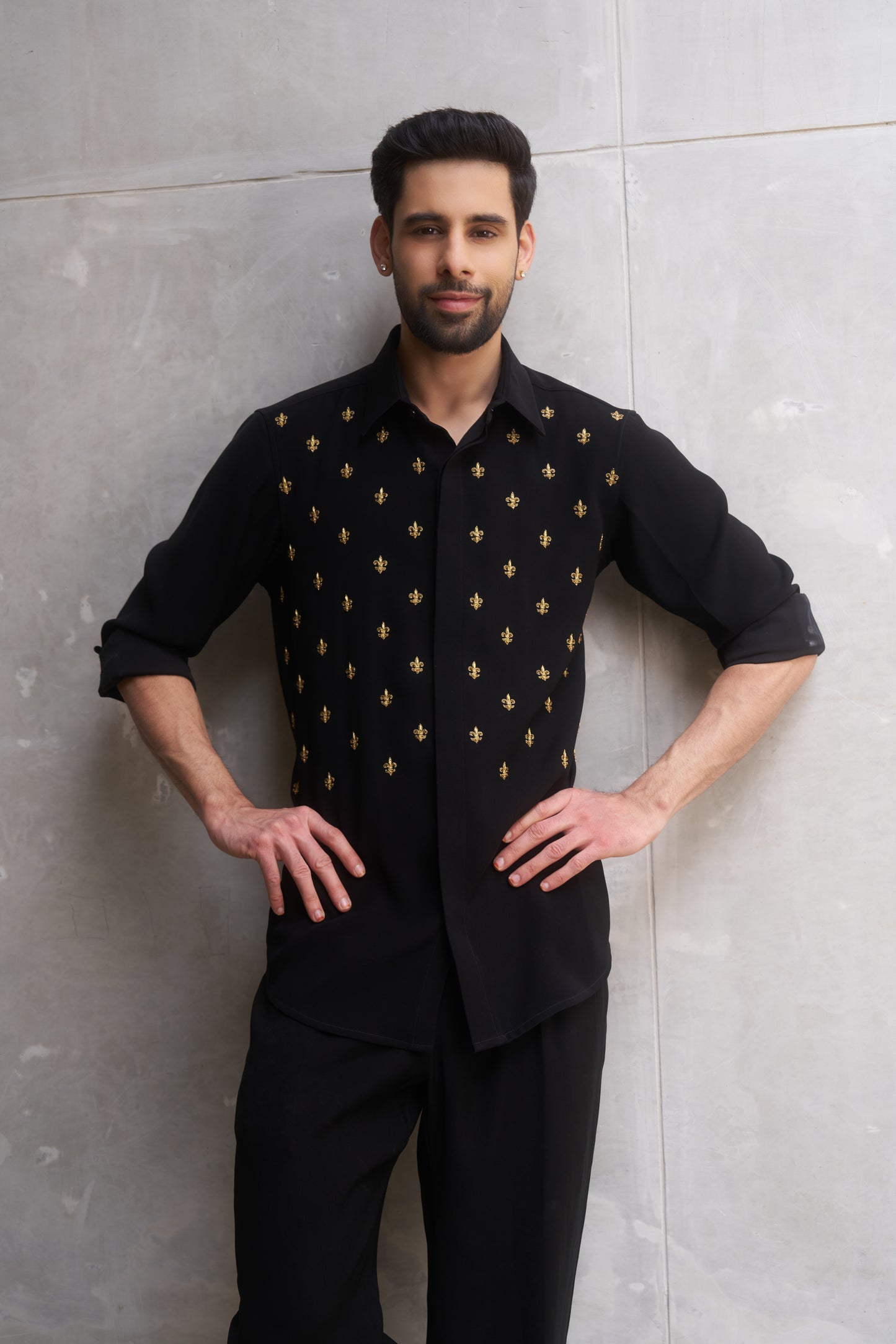 Black shirt with gold fleur-de-lis design- Flower of the lilly pattern