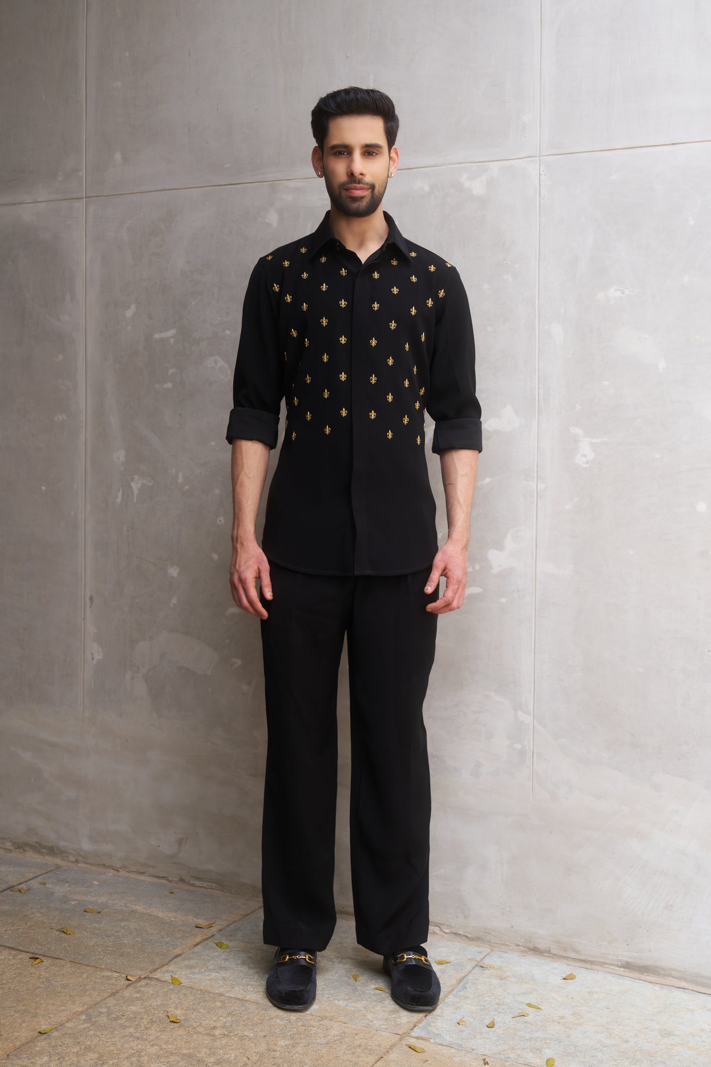 Black shirt with gold fleur-de-lis design- Flower of the lilly pattern