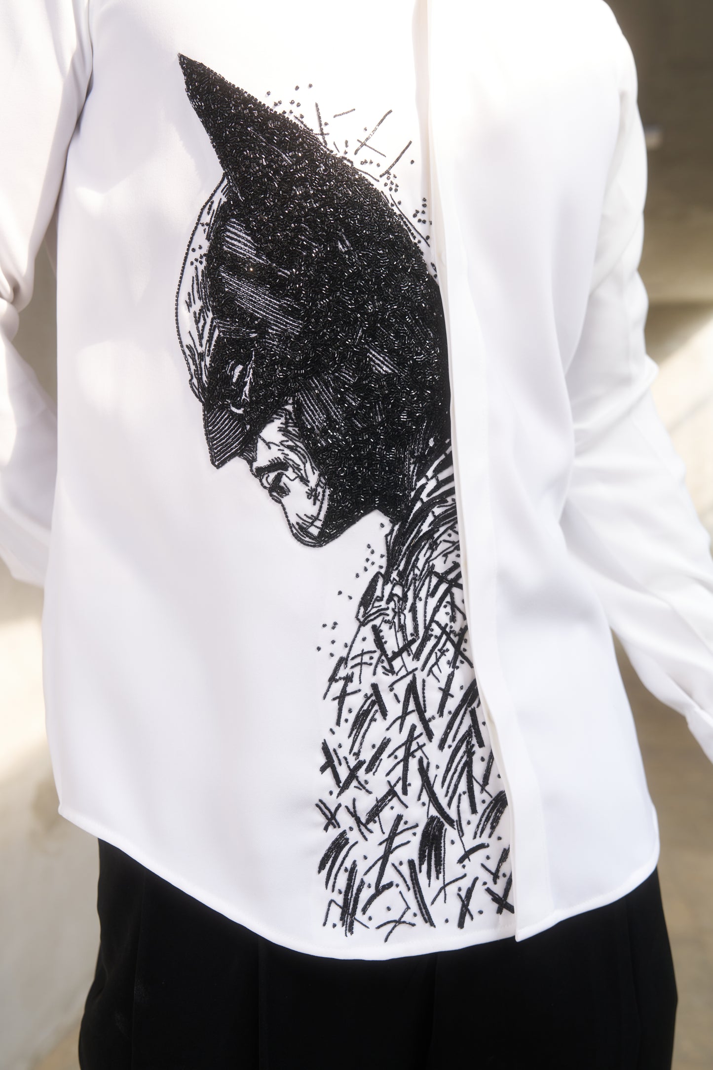White shirt with Batman hand embroidery design