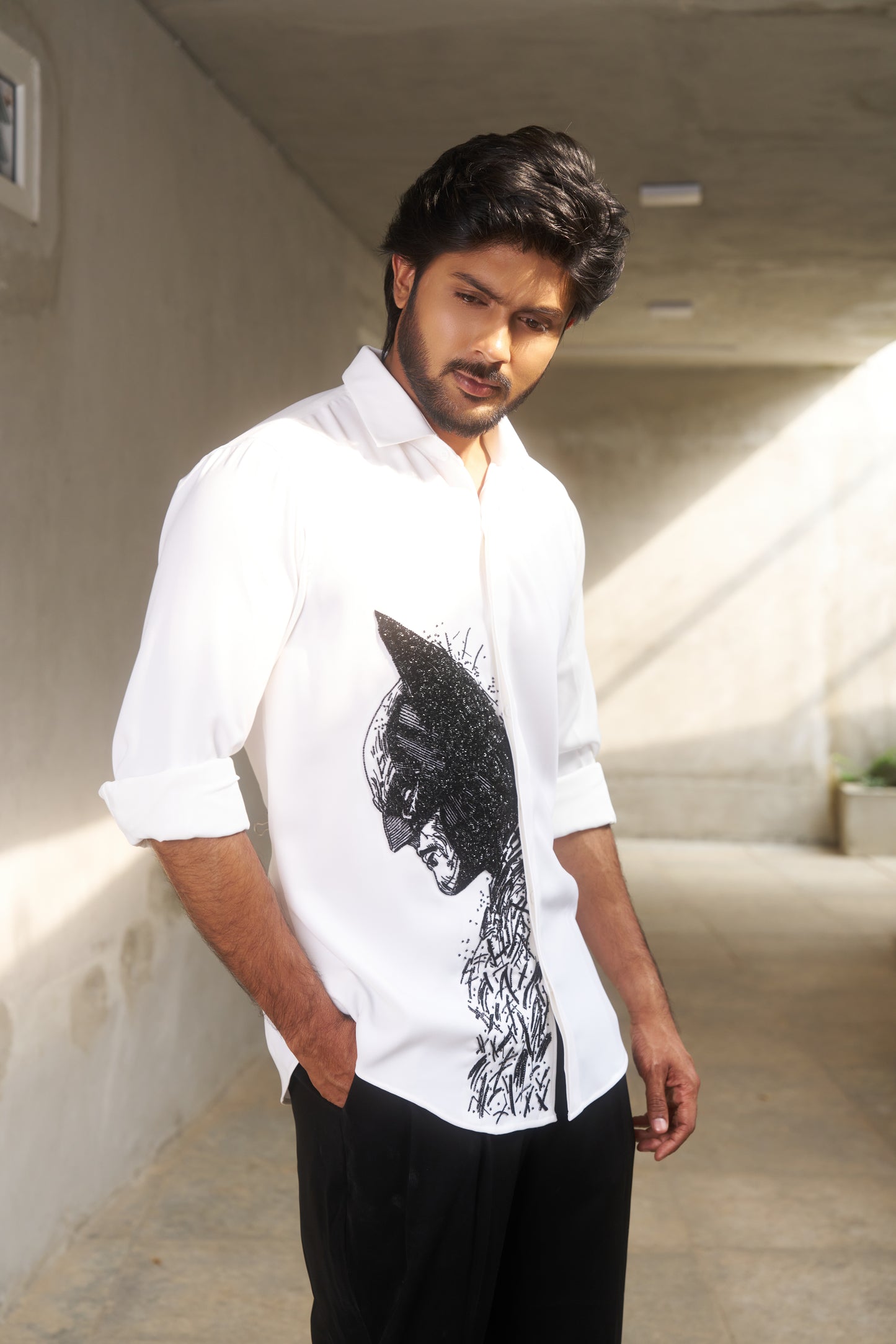 White shirt with Batman hand embroidery design
