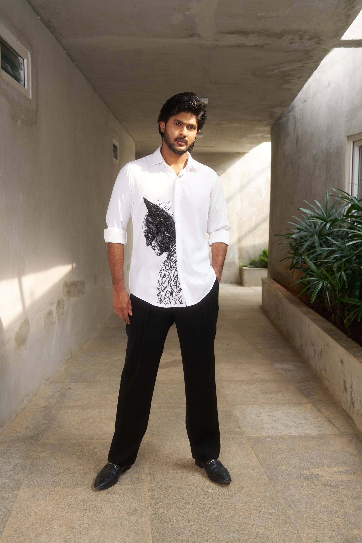 White shirt with Batman hand embroidery design