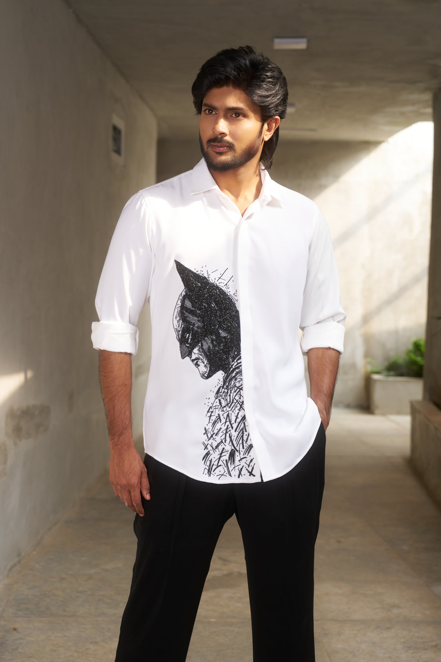 White shirt with Batman hand embroidery design