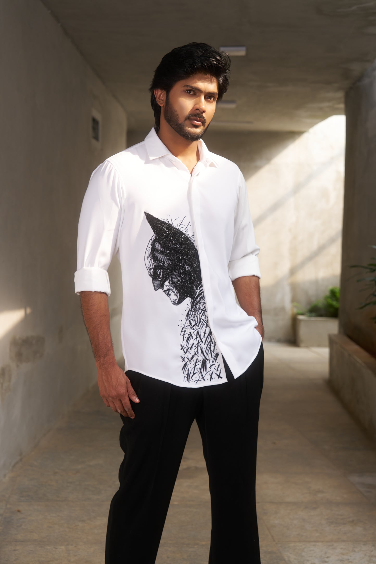 White shirt with Batman hand embroidery design