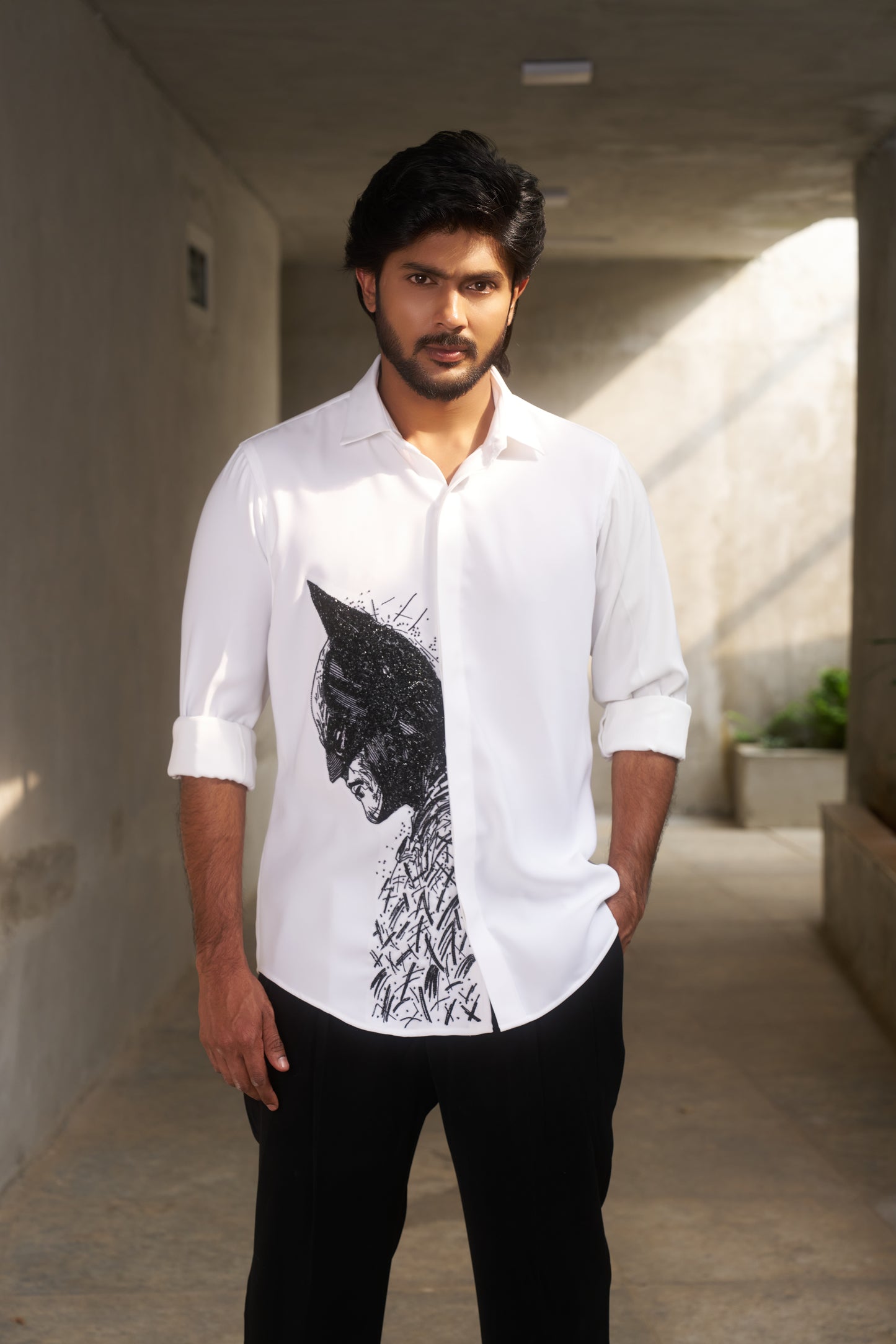 White shirt with Batman hand embroidery design
