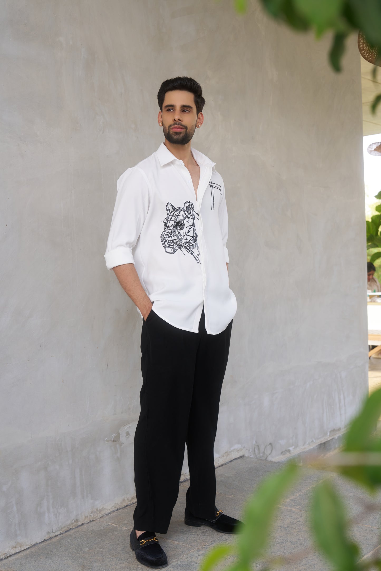 White shirt with Black Tiger Hand embroidery design