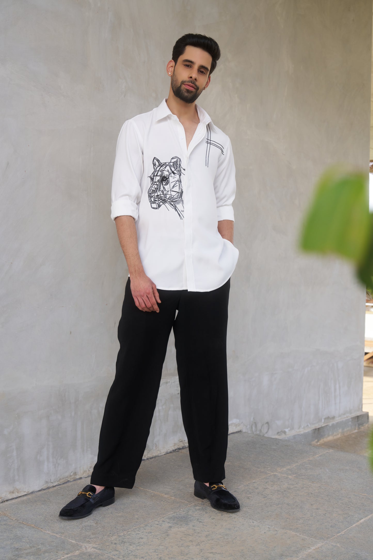 White shirt with Black Tiger Hand embroidery design