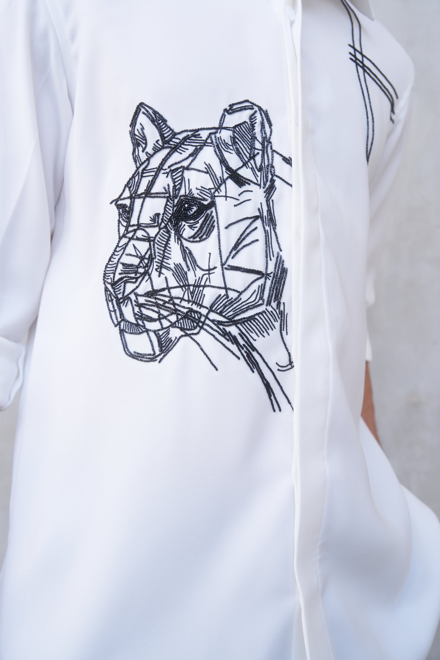 White shirt with Black Tiger Hand embroidery design