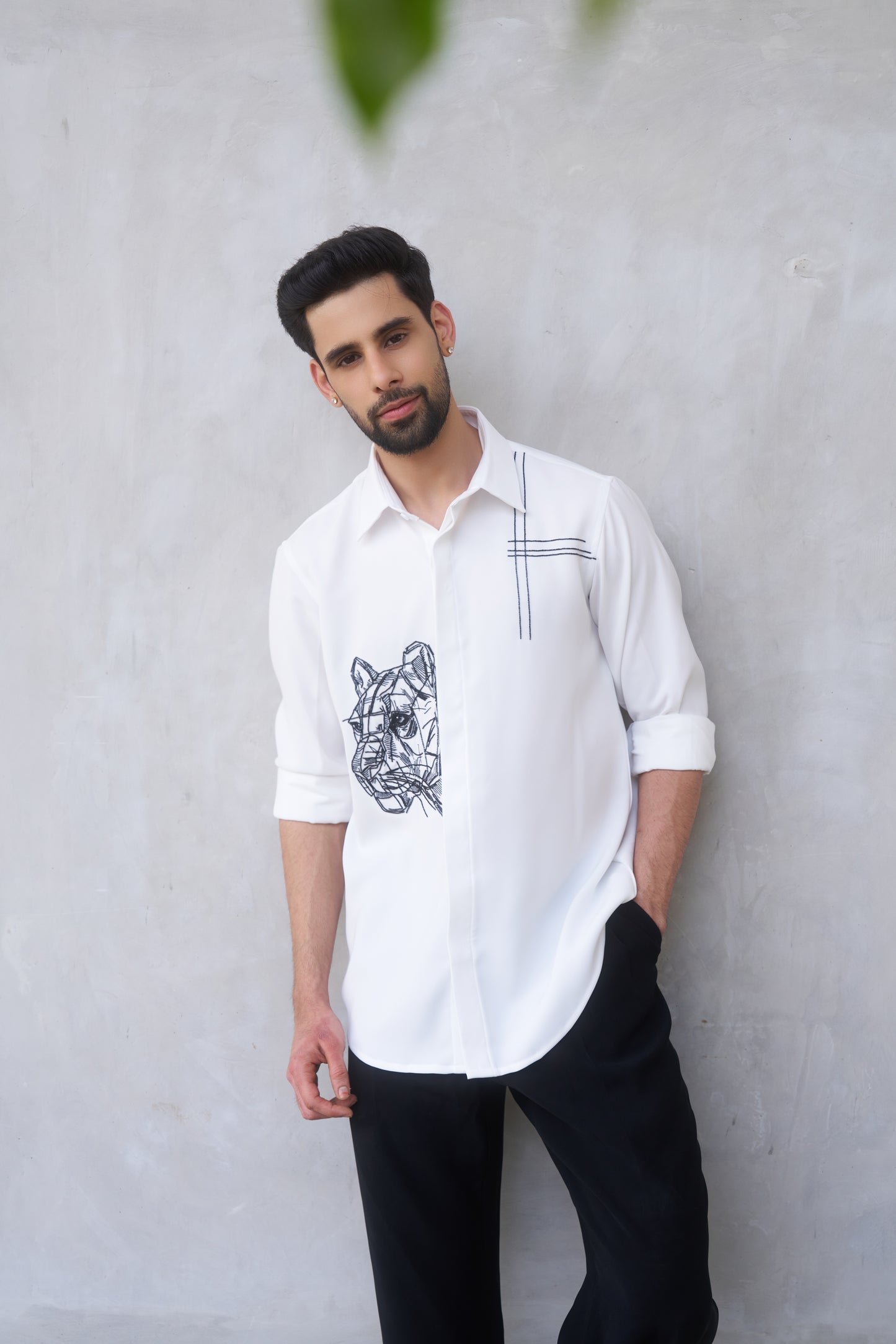 White shirt with Black Tiger Hand embroidery design