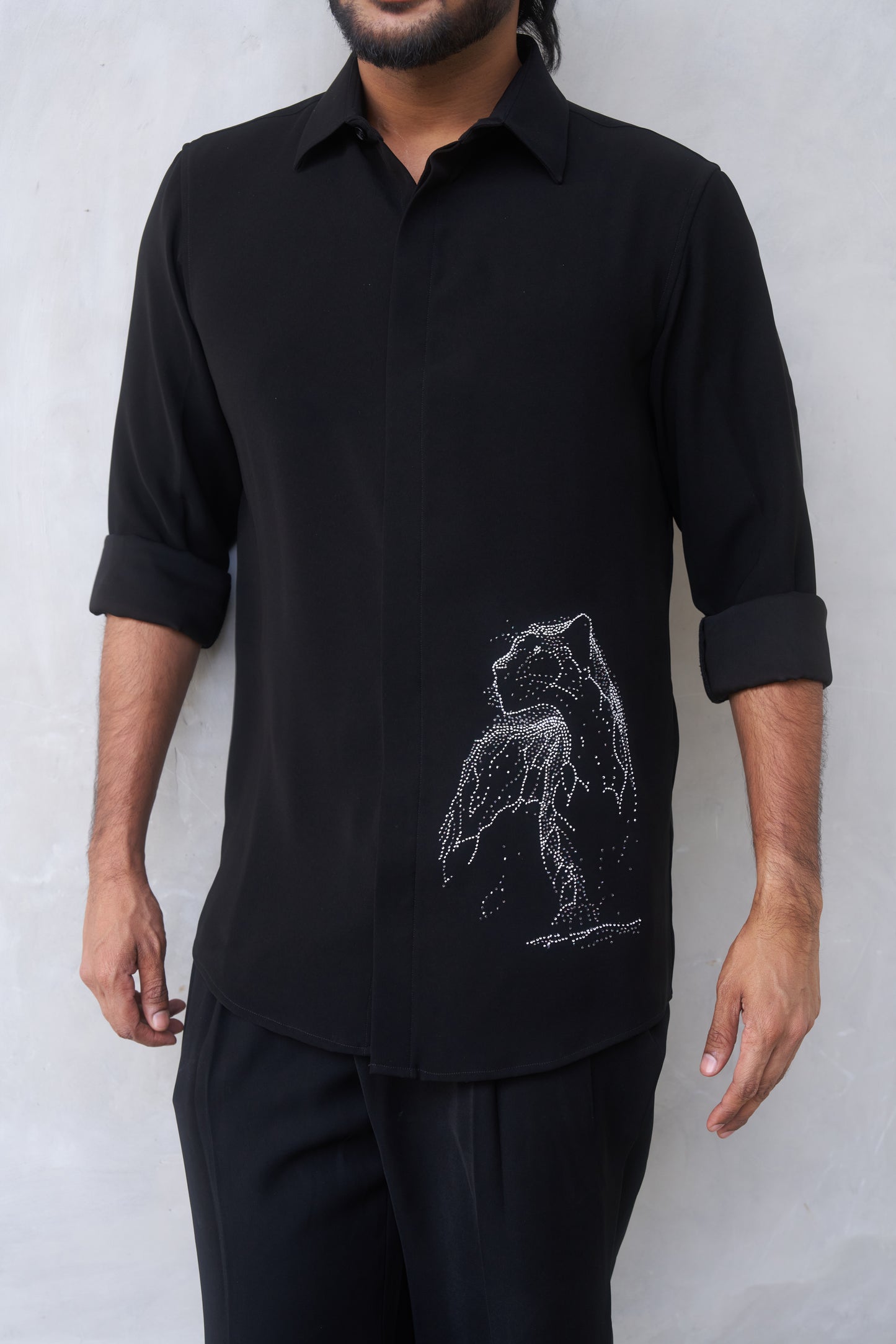Black shirt with White cheetah hand embroidery design