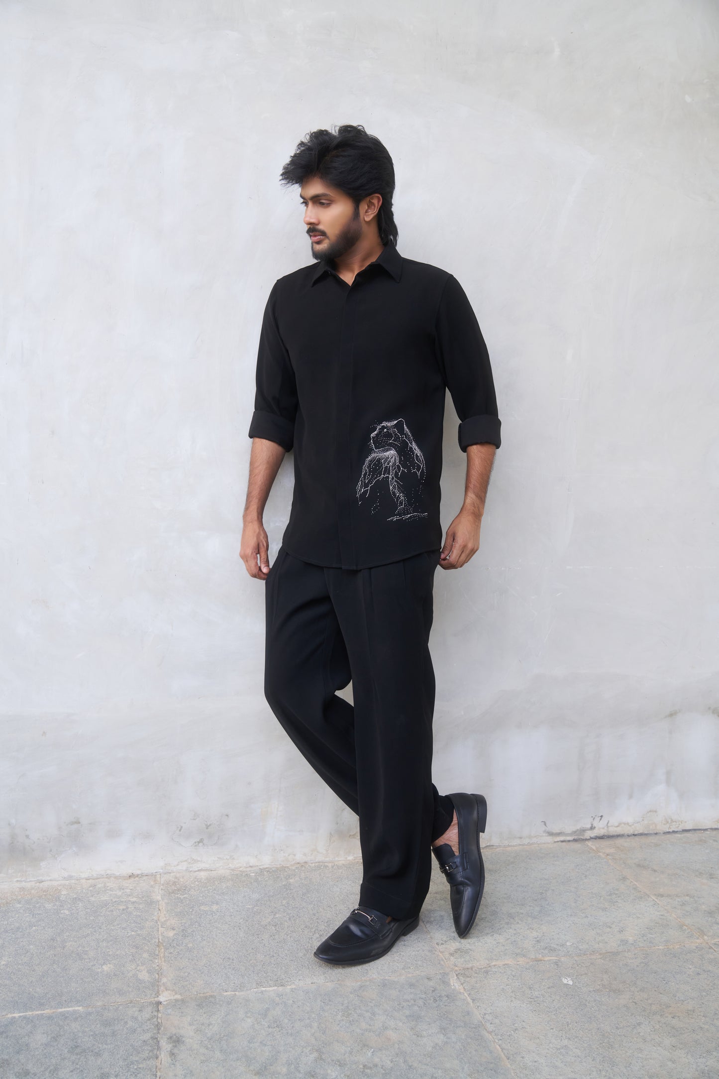 Black shirt with White cheetah hand embroidery design