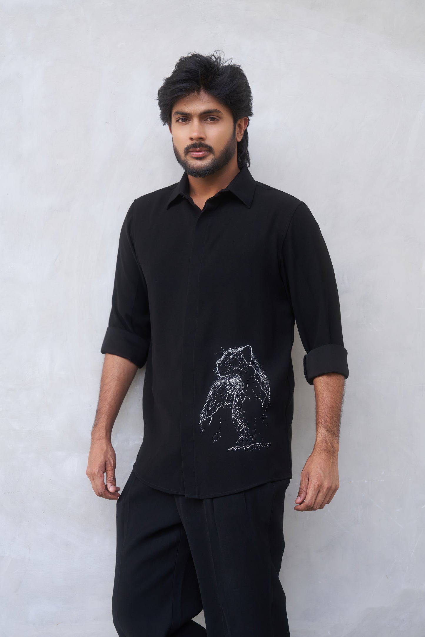 Black shirt with White cheetah hand embroidery design