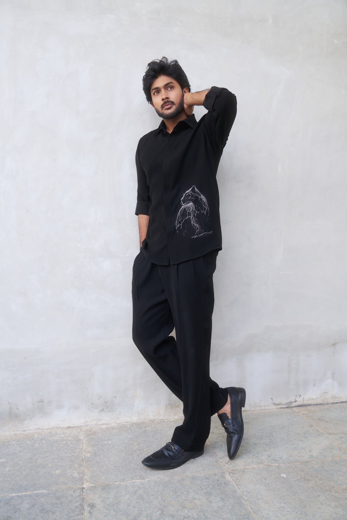 Black shirt with White cheetah hand embroidery design