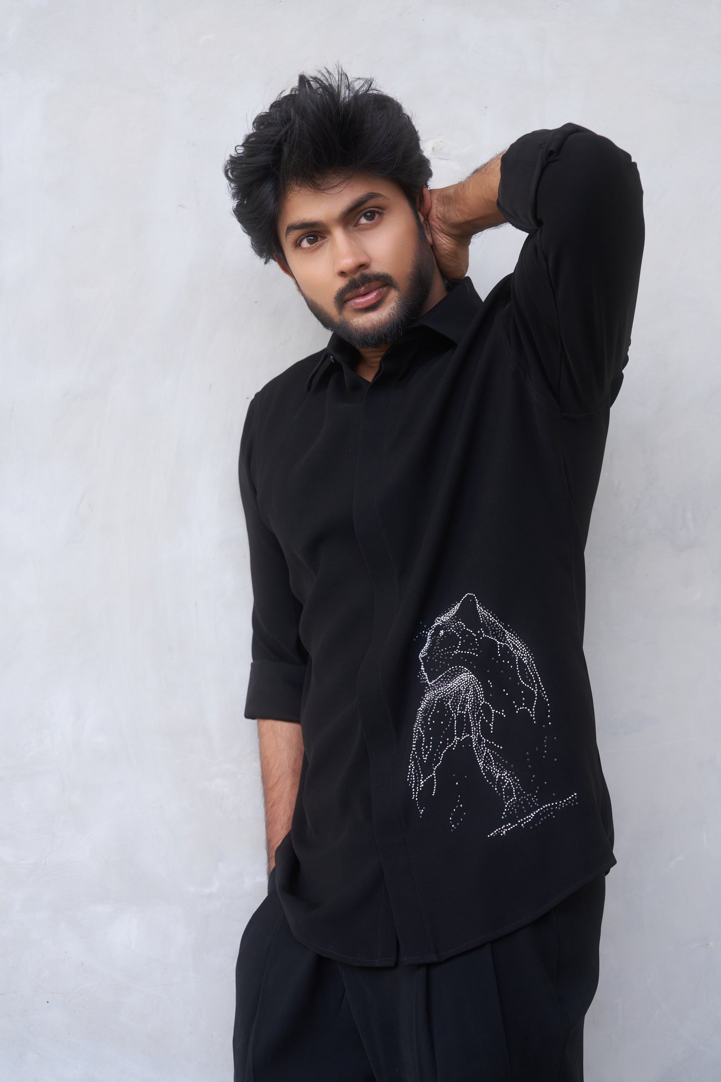 Black shirt with White cheetah hand embroidery design
