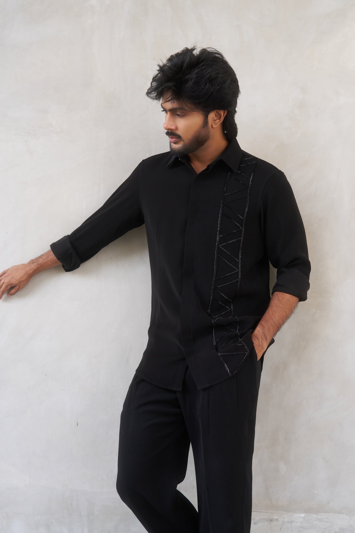 Black shirt with geometric lines embroidery design