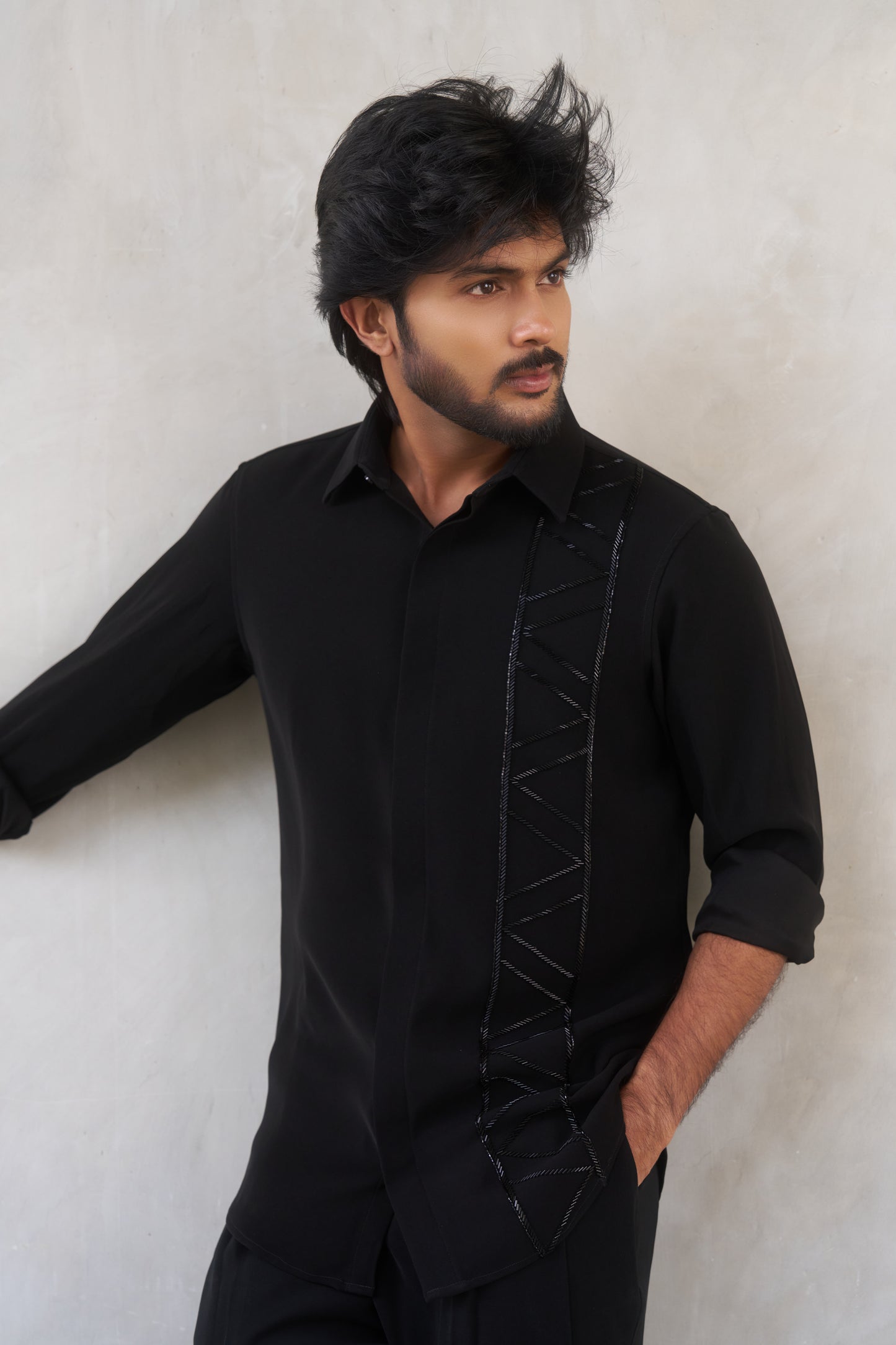 Black shirt with geometric lines embroidery design