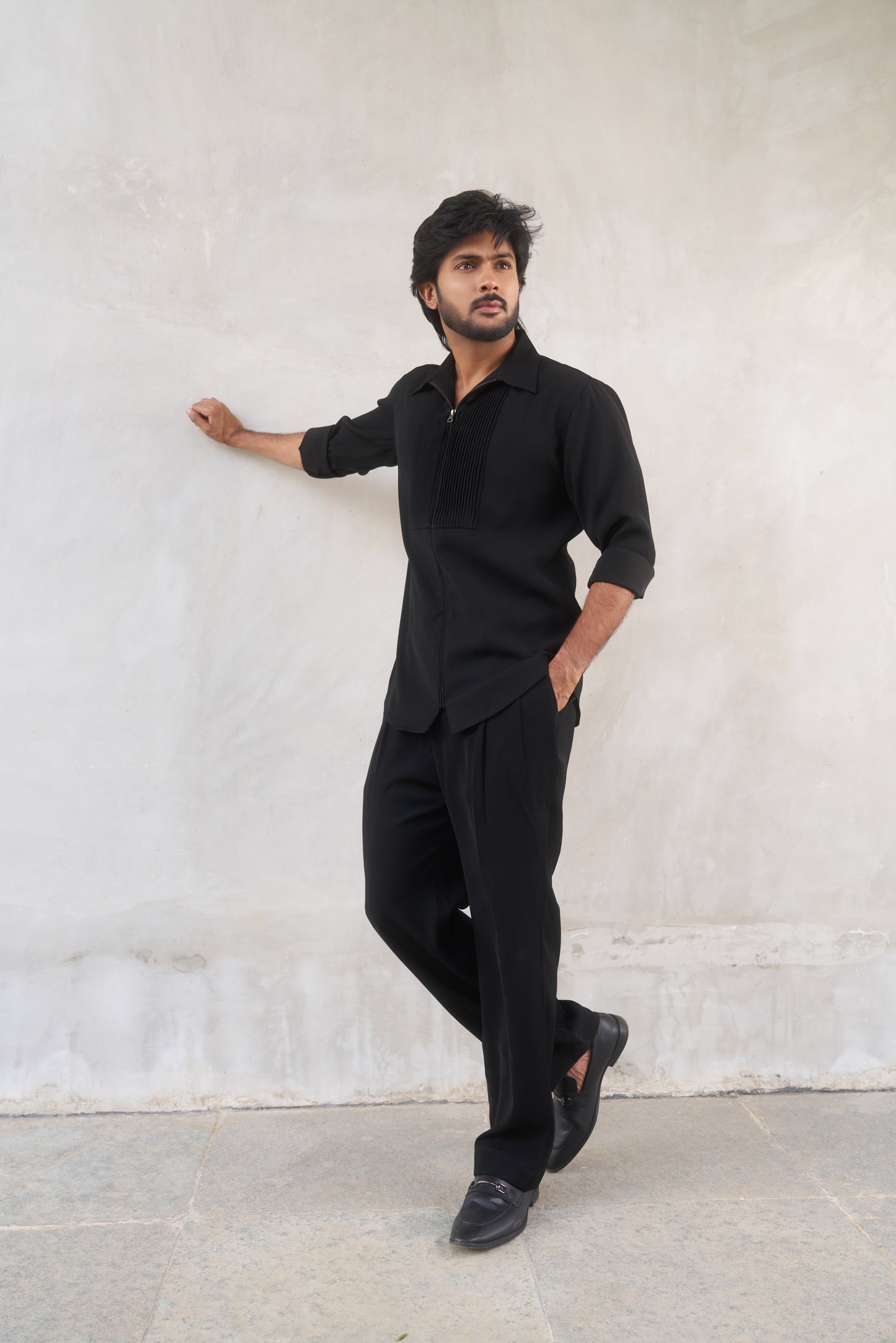 Black zipper shirt with tucks design