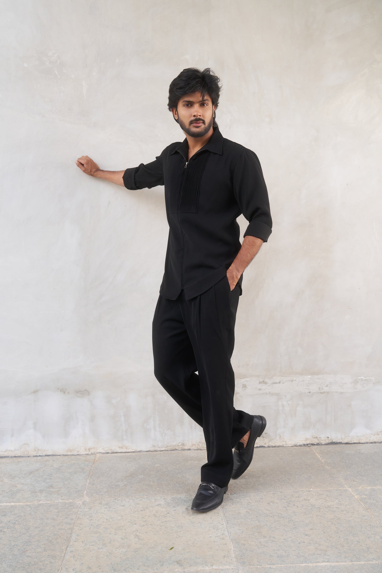 Black zipper shirt with tucks design